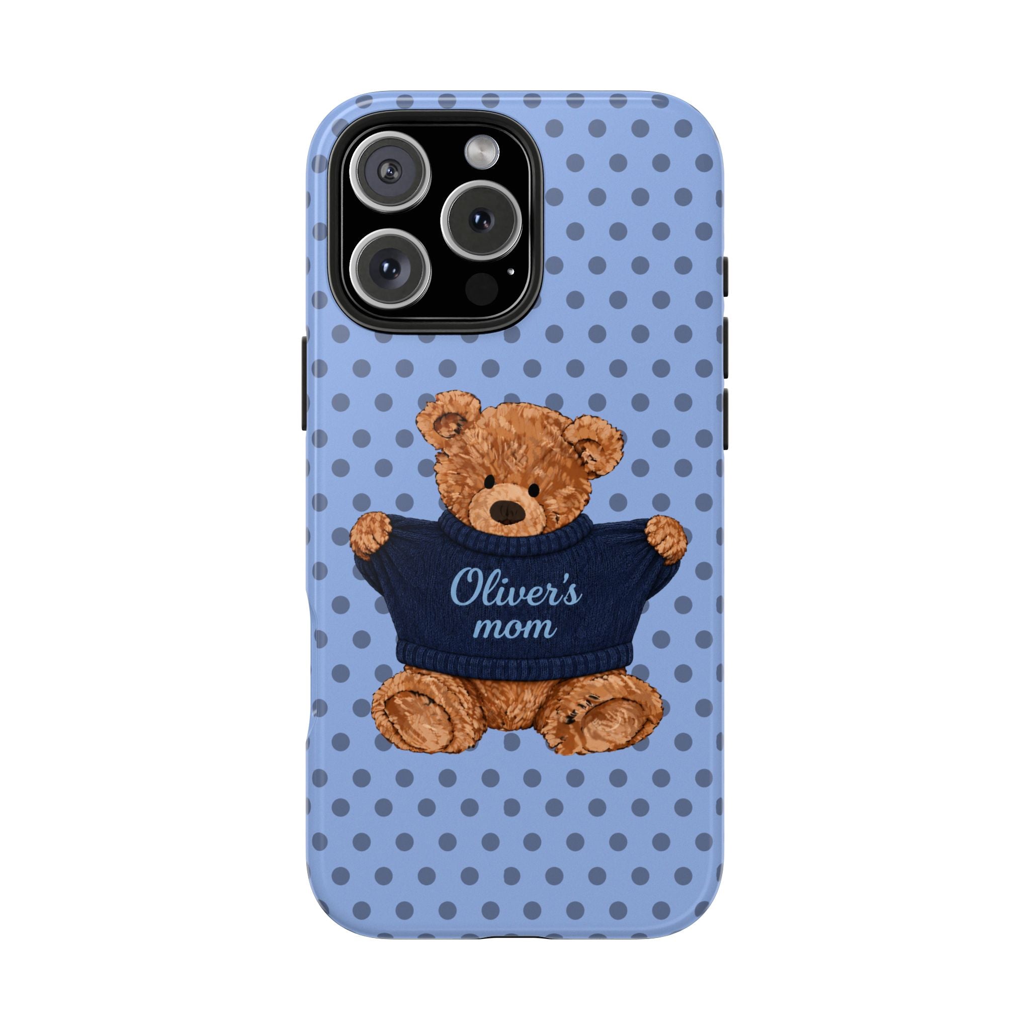 PERSONALIZED BLUE POLKA DOTS TEDDY BEAR NAME PHONE CASE