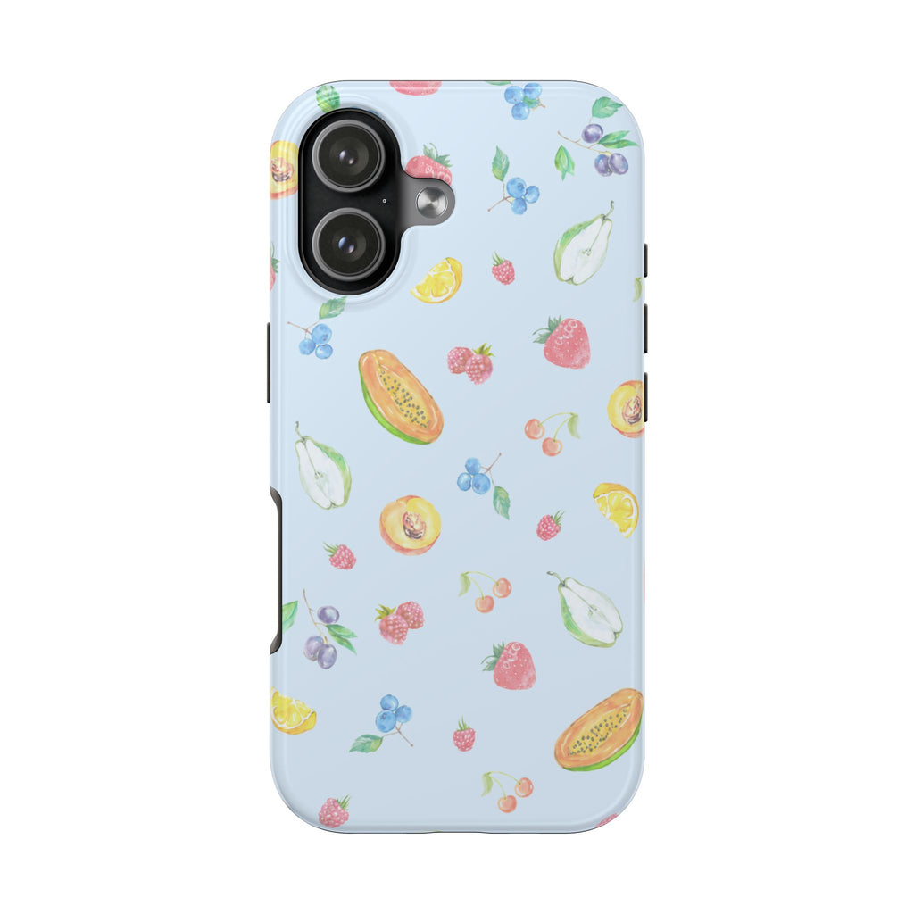 Light blue phone case with fruit sorbet pattern and raised camera cutouts.