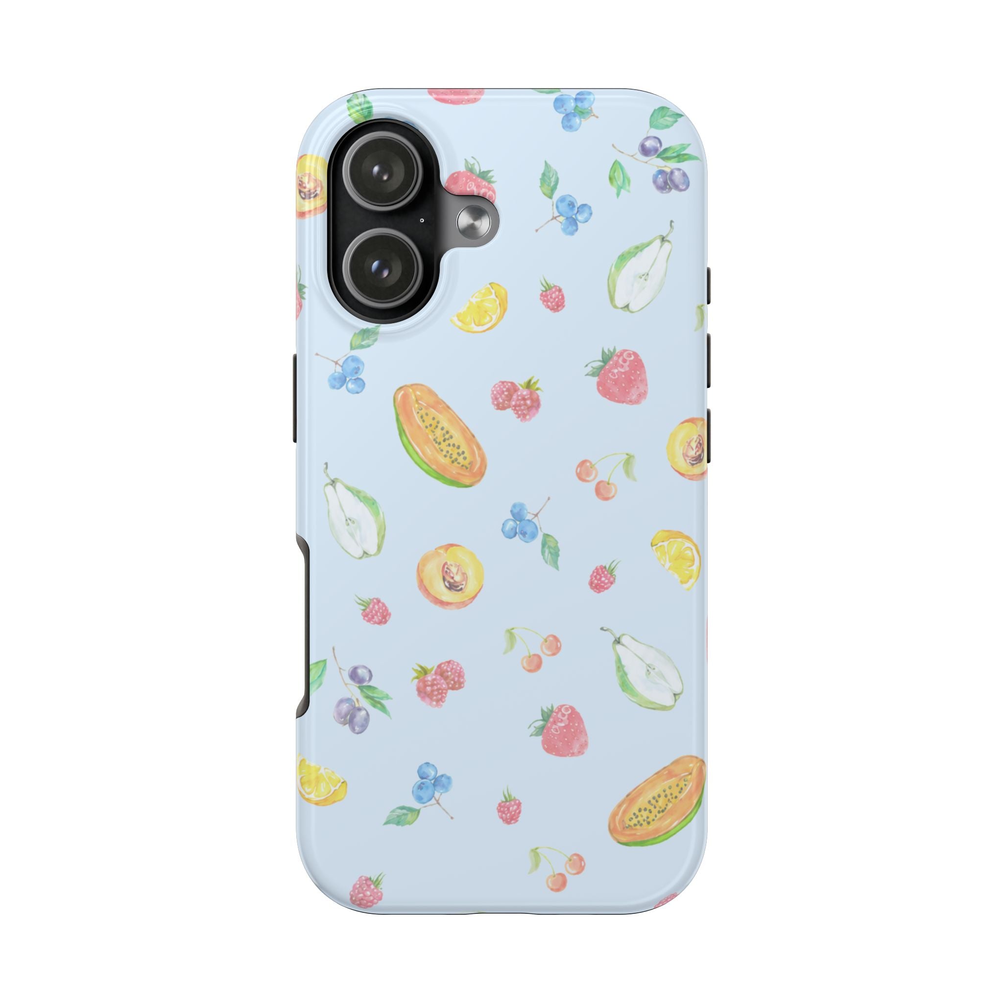 Light blue fruit sorbet phone case with strawberries, blueberries, lemons and papaya