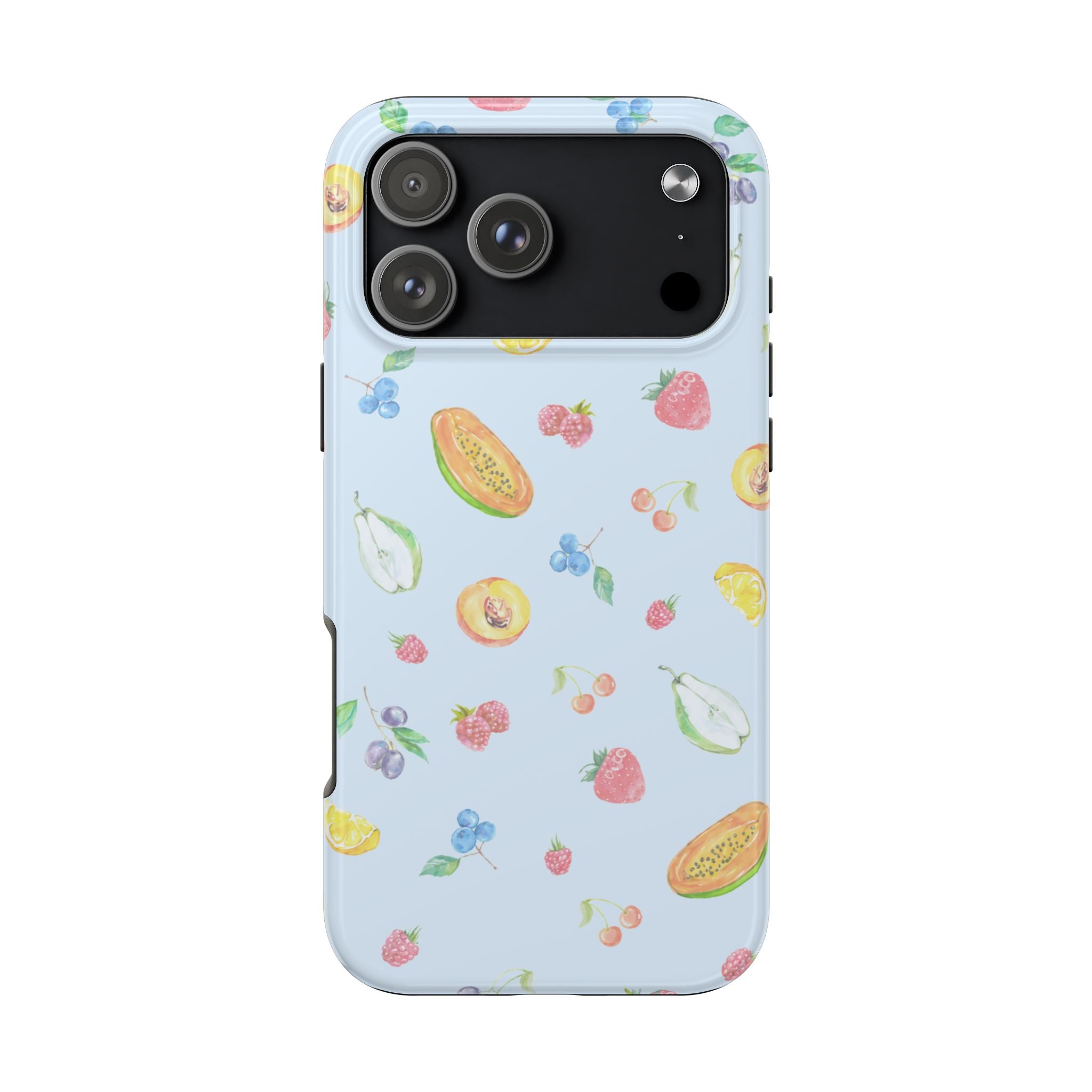 Light blue phone case with colorful fruit sorbet pattern and camera cutout