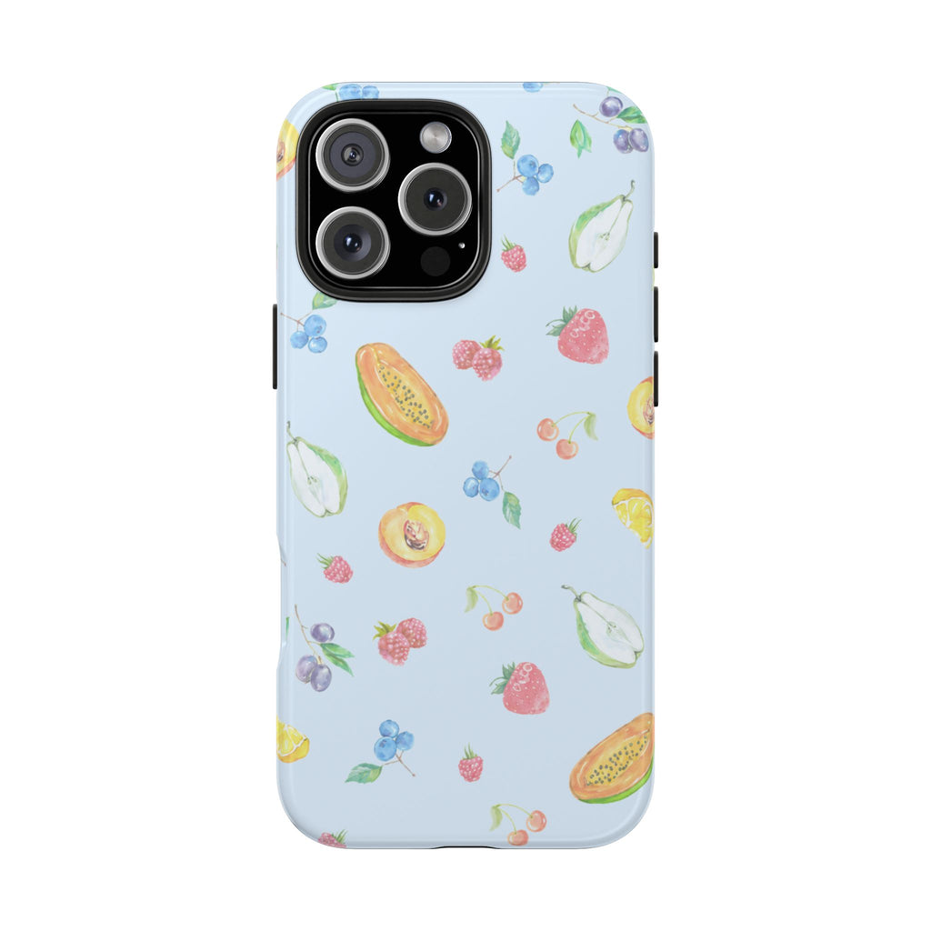 Light blue fruit pattern phone case with large camera window and side cutouts
