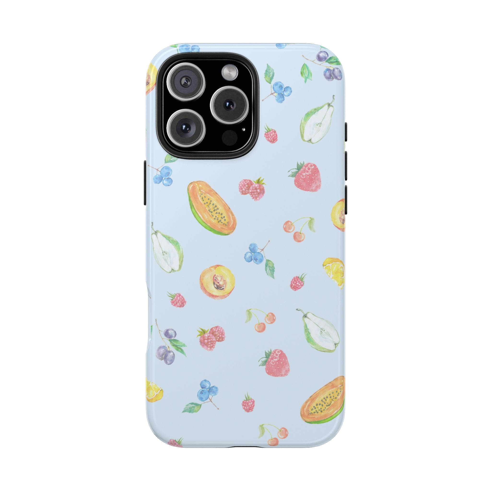 Light blue fruit pattern phone case with large camera window and side cutouts