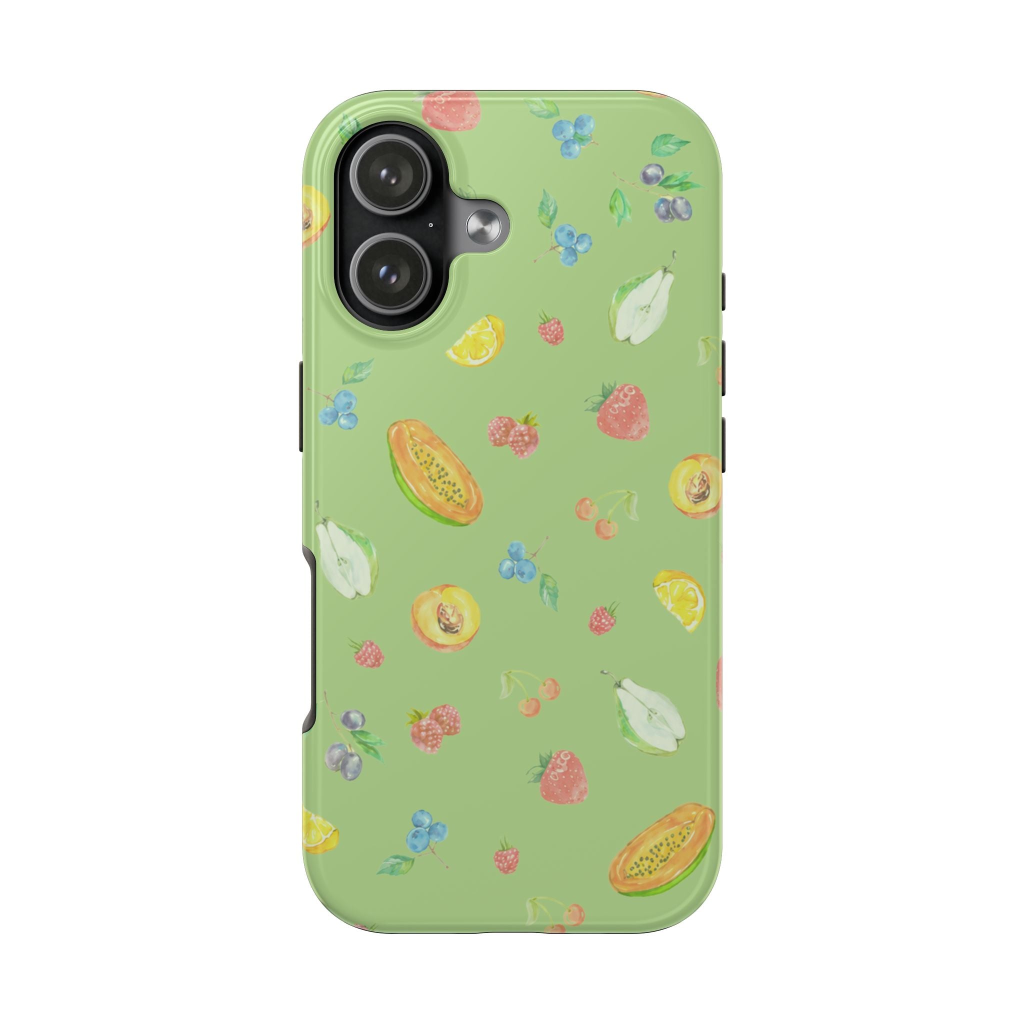 Green back phone case with fruit/berry sorbet print and camera openings