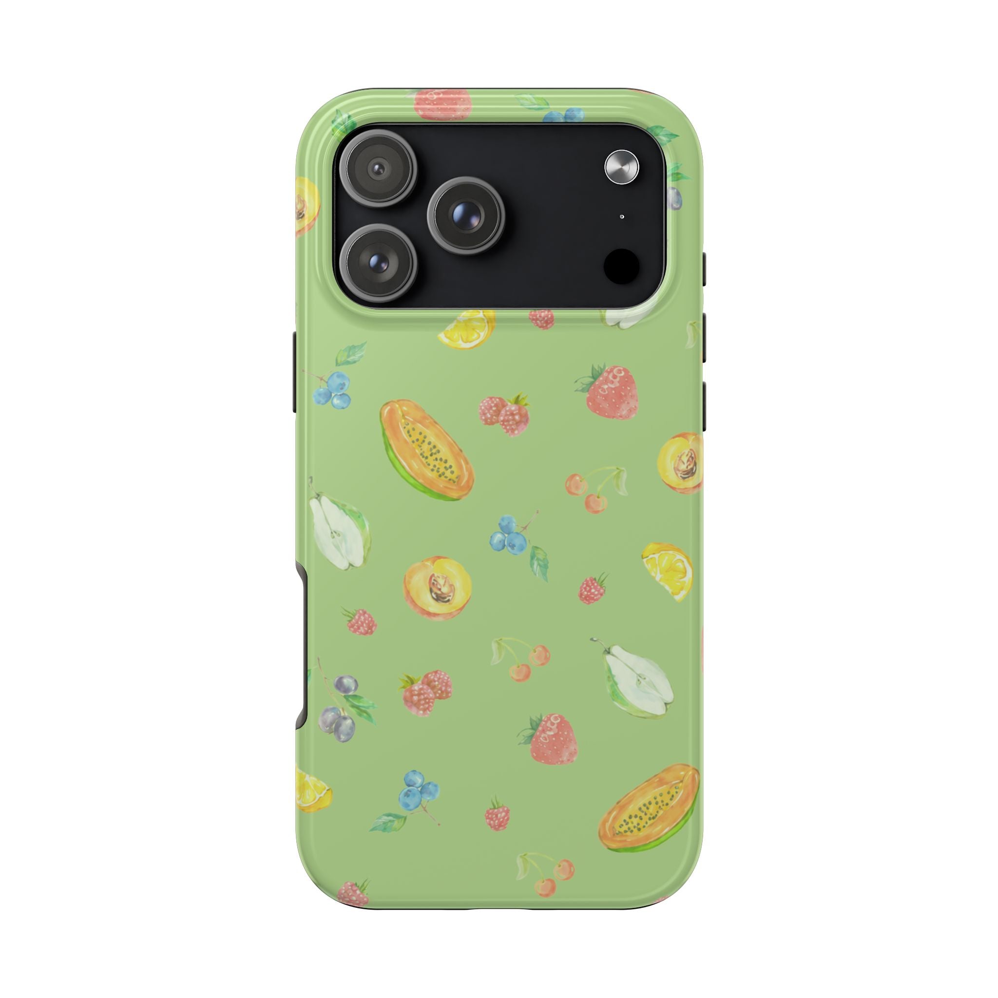 Green phone case with fruit sorbet print and large lens cutouts at top