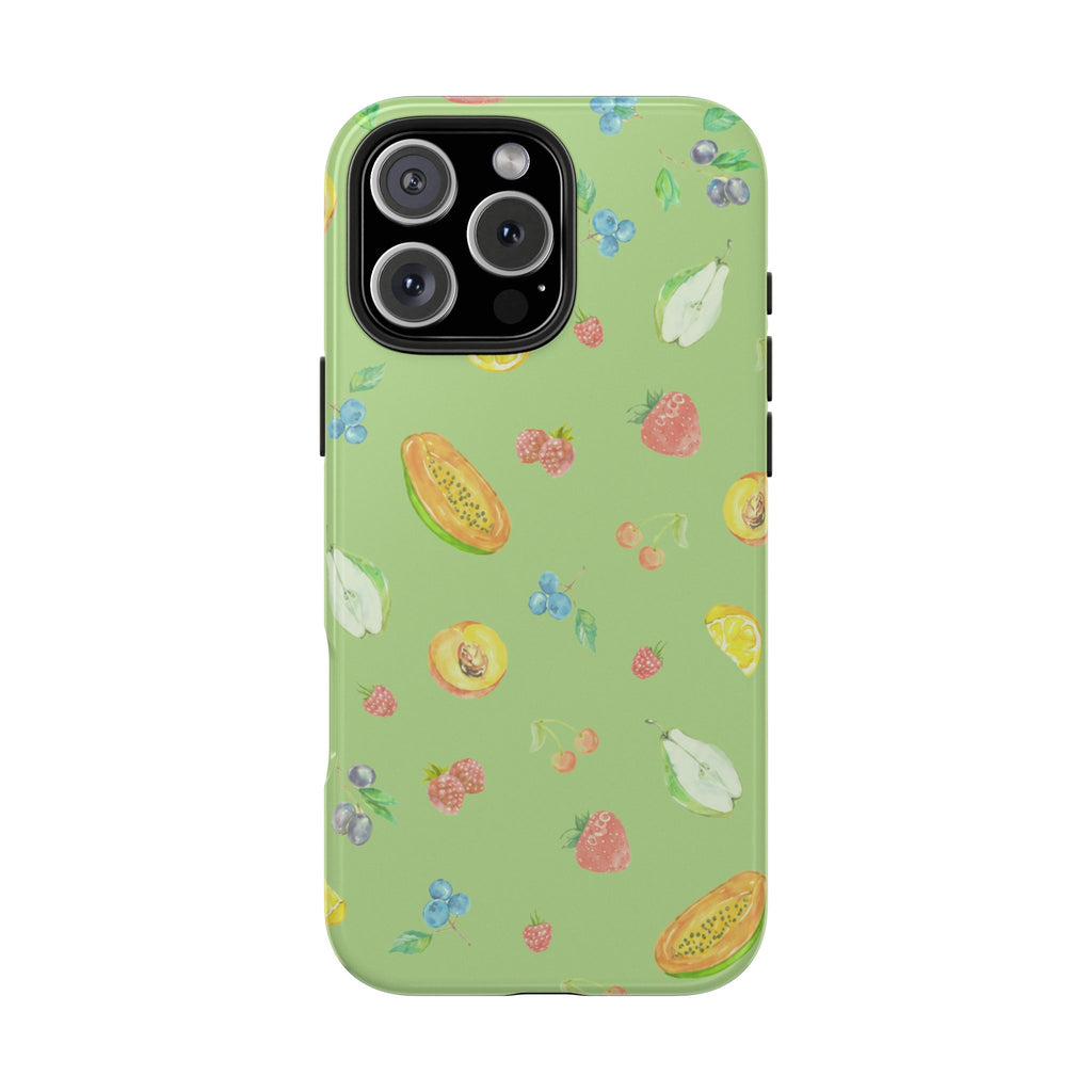 Green phone case with fruit sorbet pattern and camera cutout
