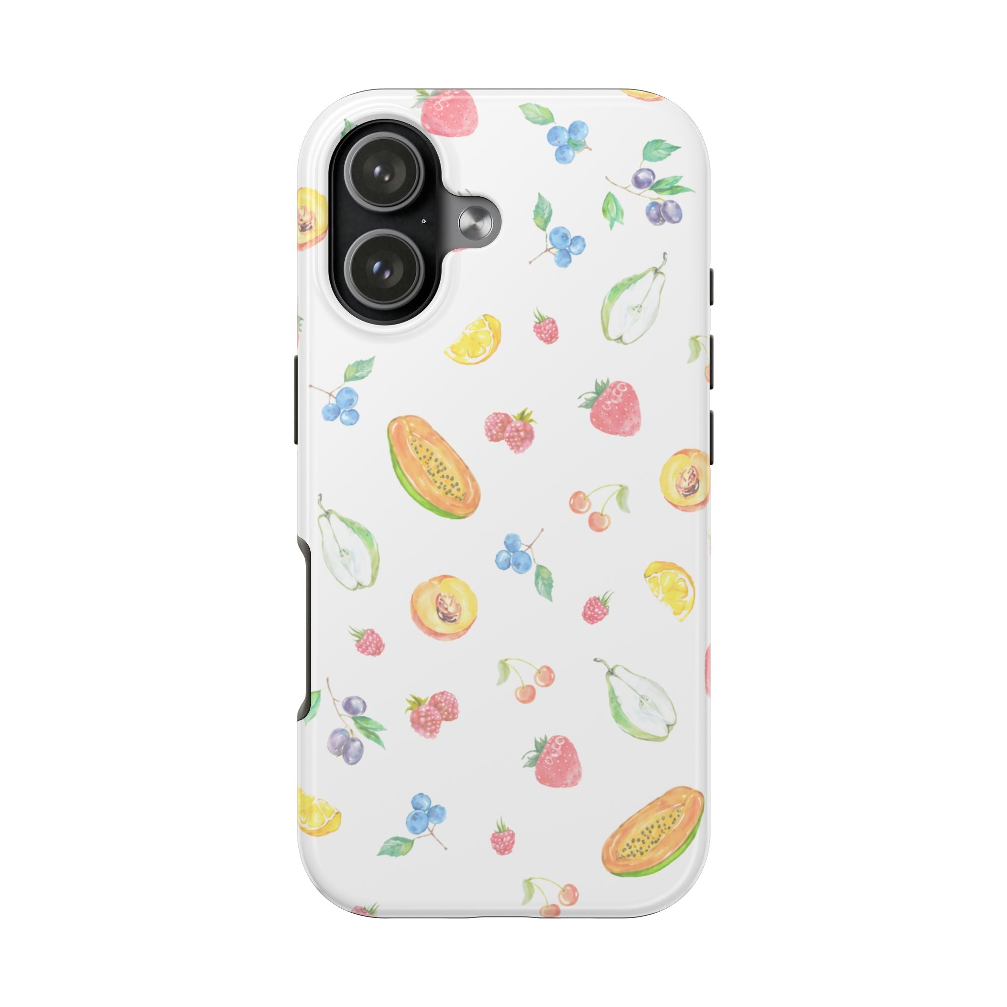 White phone case with fruit sorbet pattern and raised dual-camera cutouts.