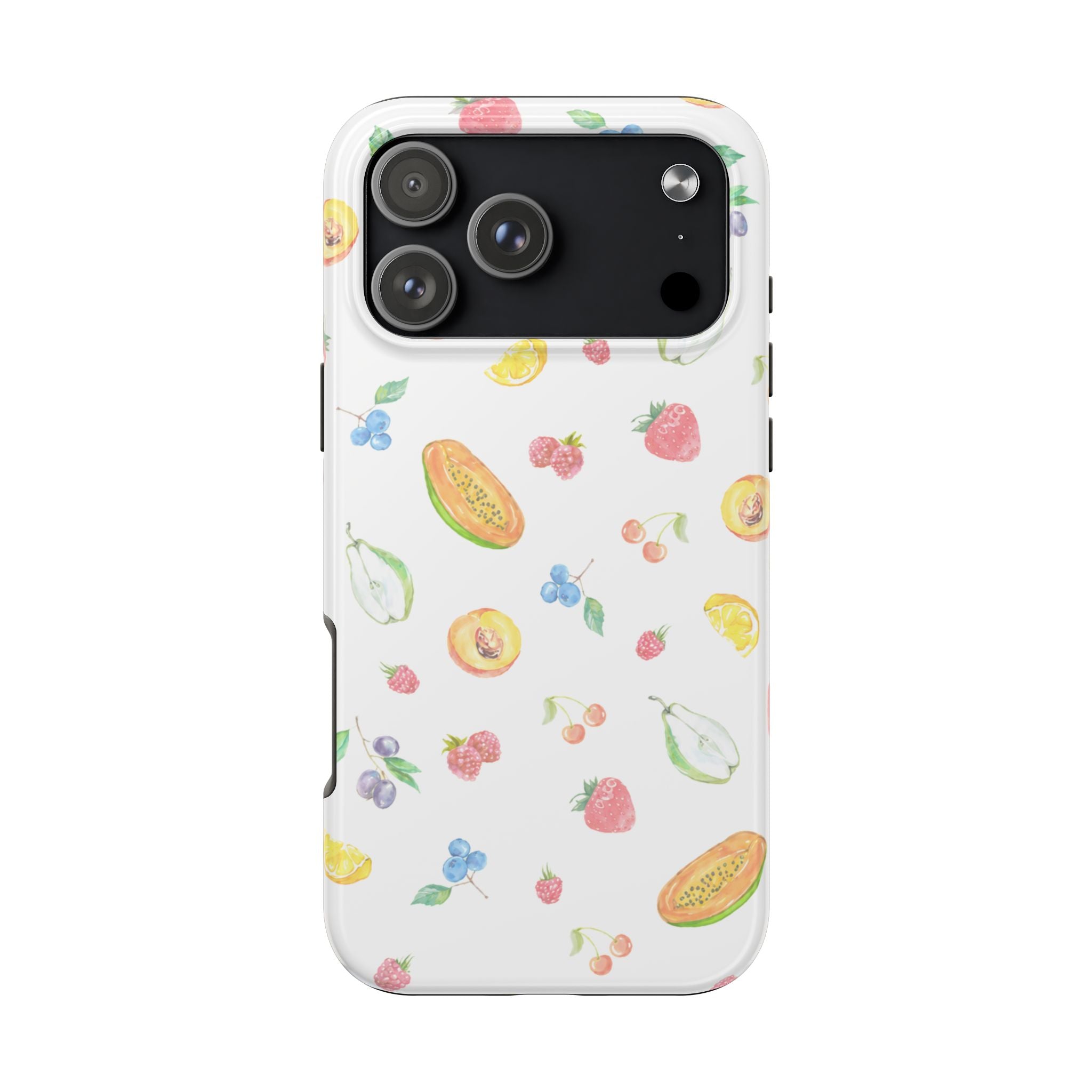 White phone case with colorful fruit sorbet pattern and cutouts for cameras