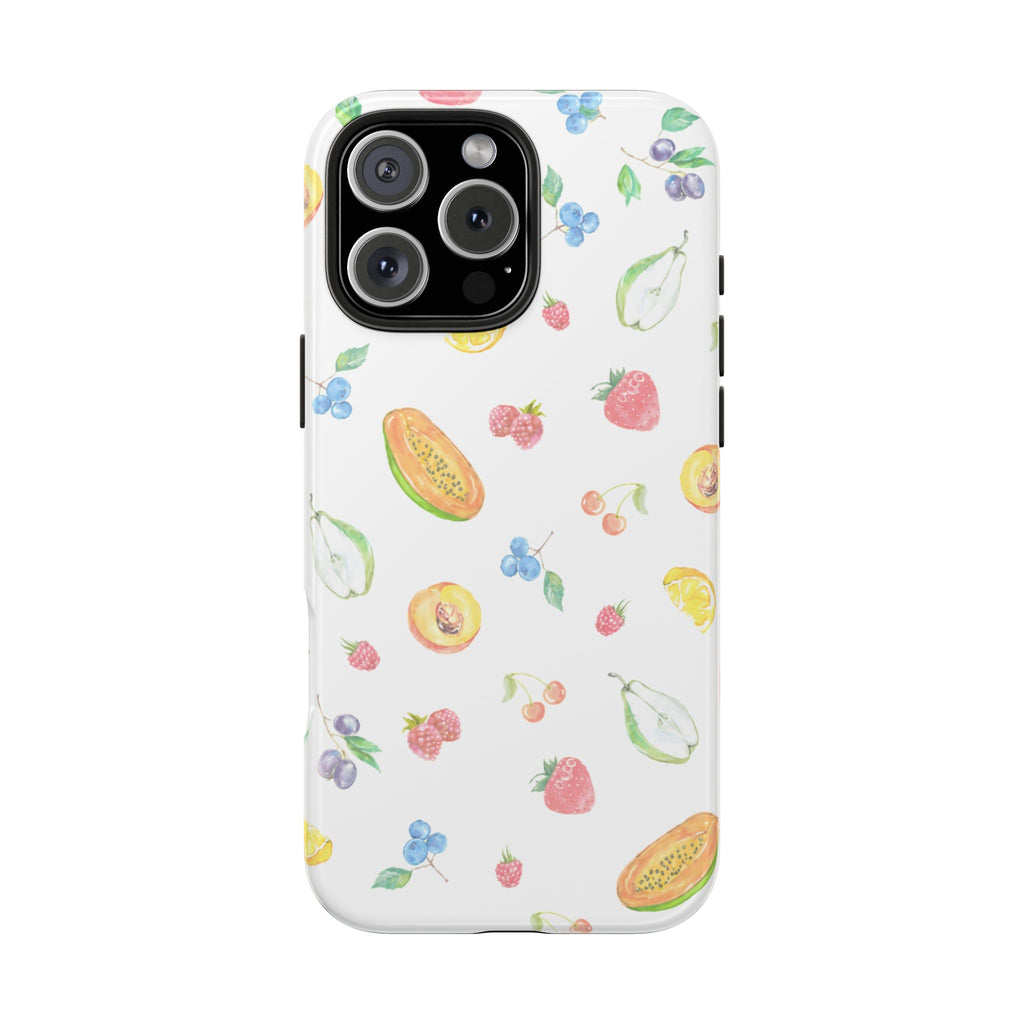 White phone case with scattered fruit illustrations and top camera cutout