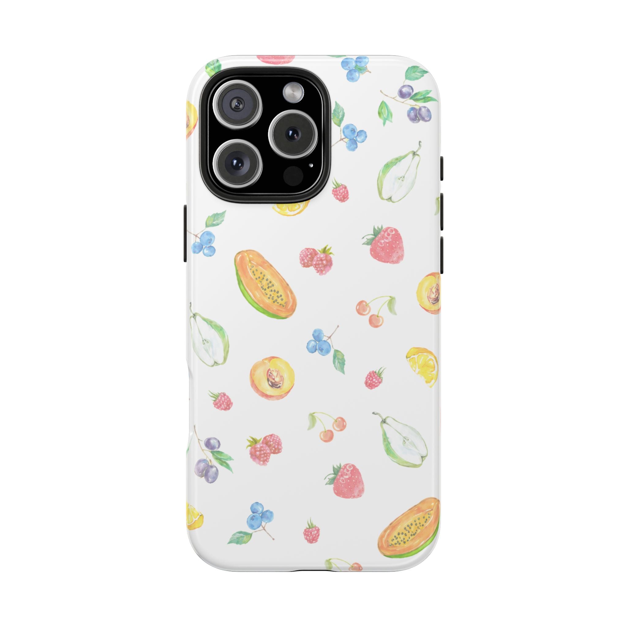 White phone case with scattered fruit illustrations and top camera cutout
