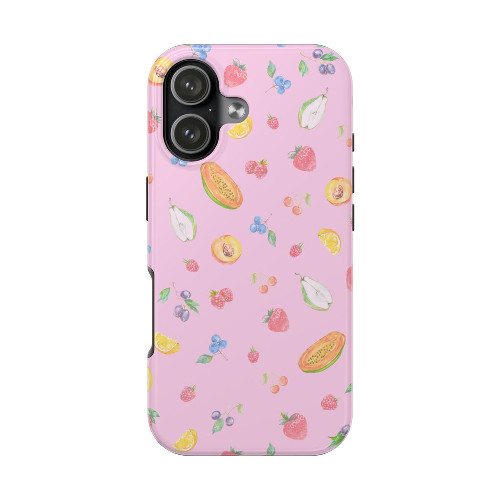 Pink phone case with summer fruit sorbet pattern and cutout for camera lenses