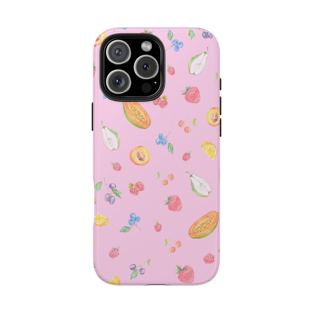 Pink summer fruit phone case with scattered strawberry, lemon, and flower design