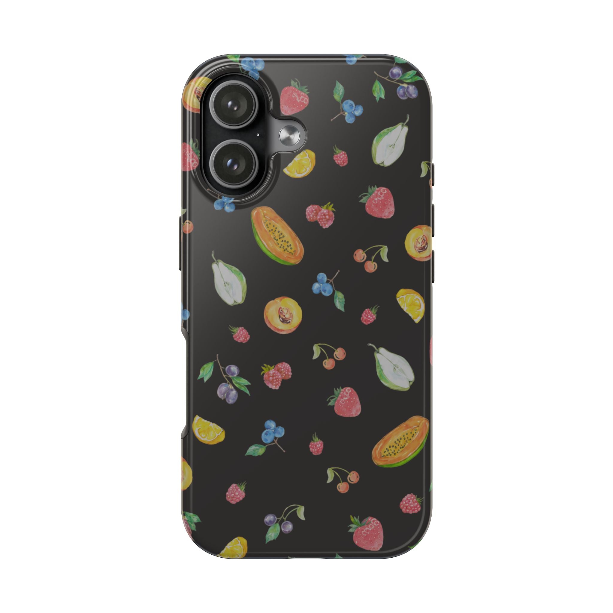 Black fruit sorbet phone case with scattered strawberries, citrus, and berries pattern.