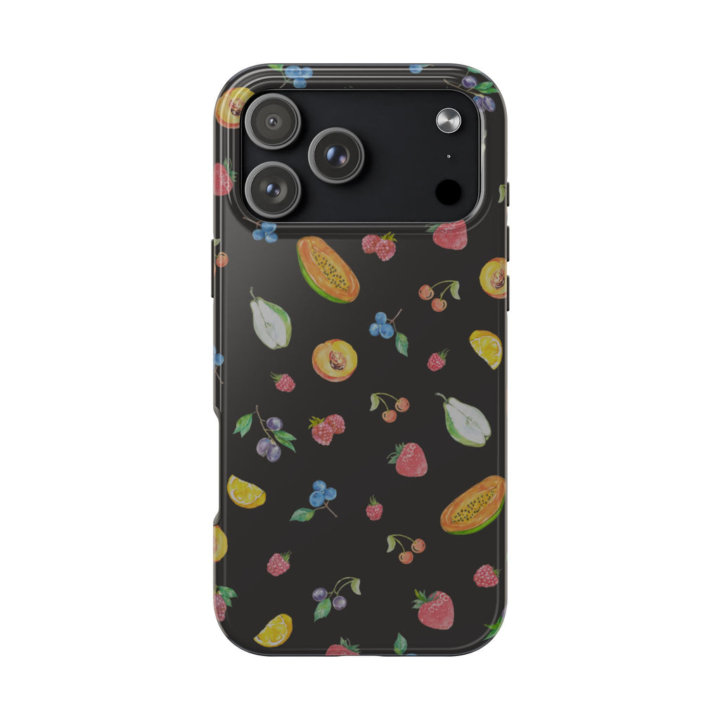 Dark phone case with colorful fruit pattern, camera cutouts