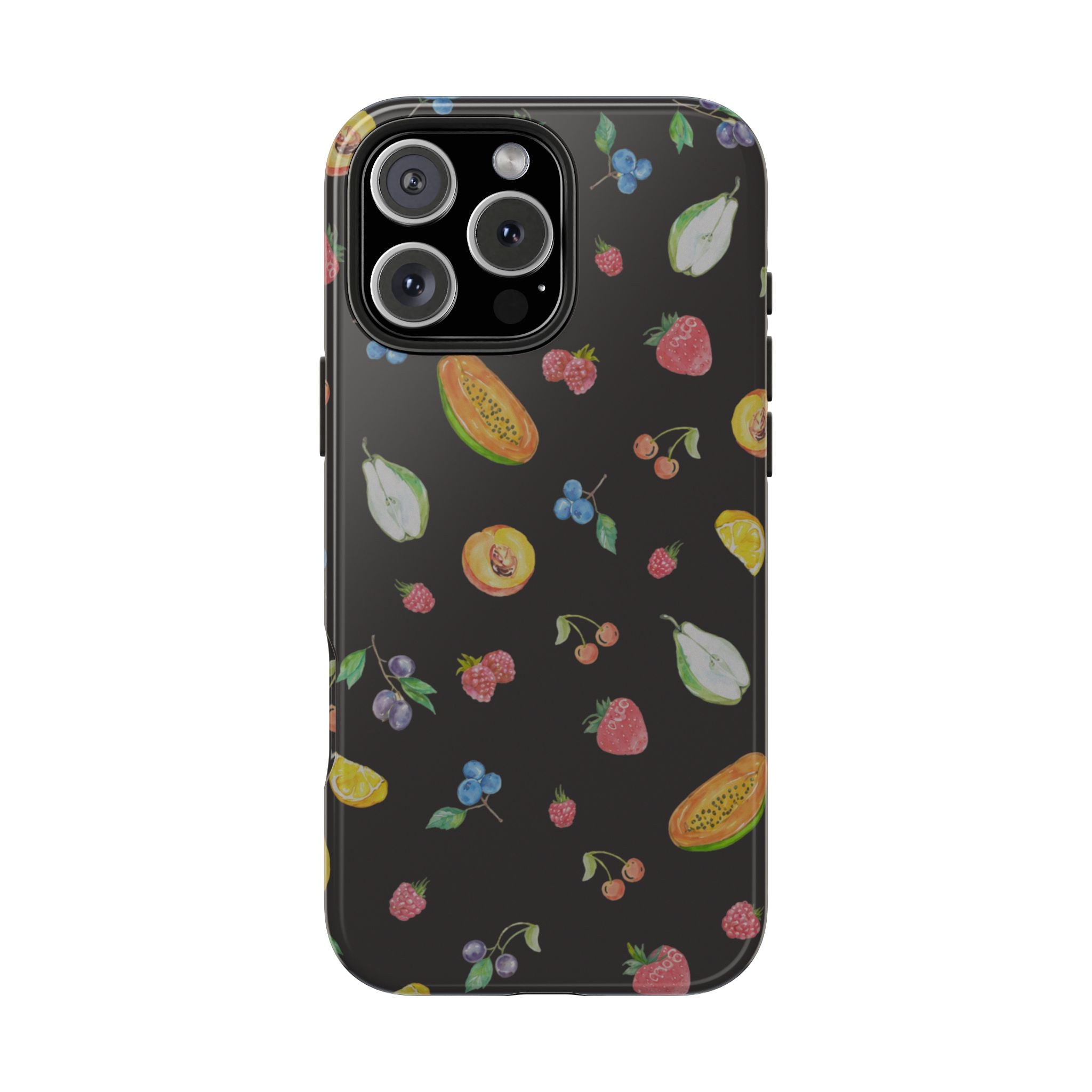 Black phone case featuring a colorful fruit pattern and raised camera cutout details.