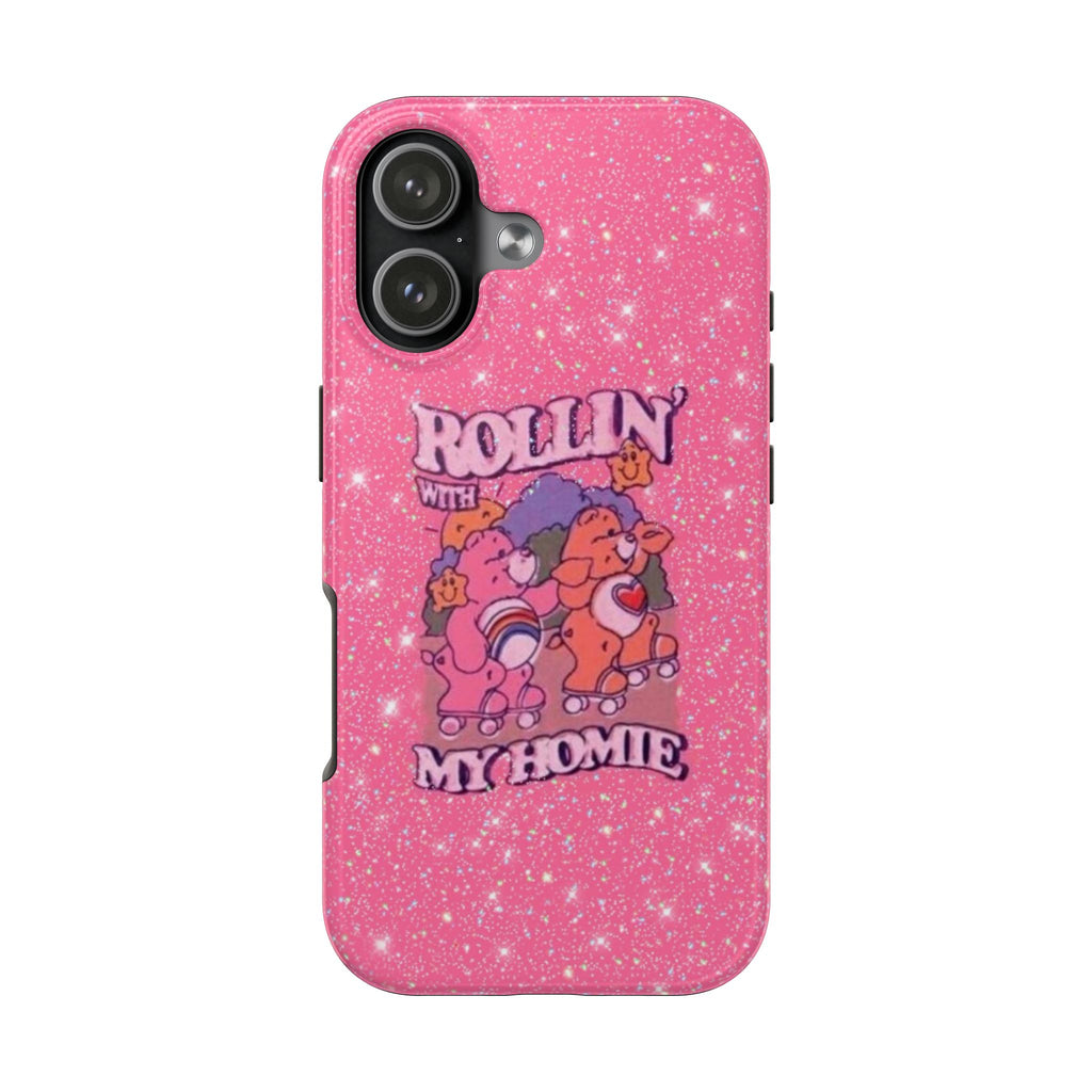 Pink glitter phone case, “Rollin’ with my homie” skater characters