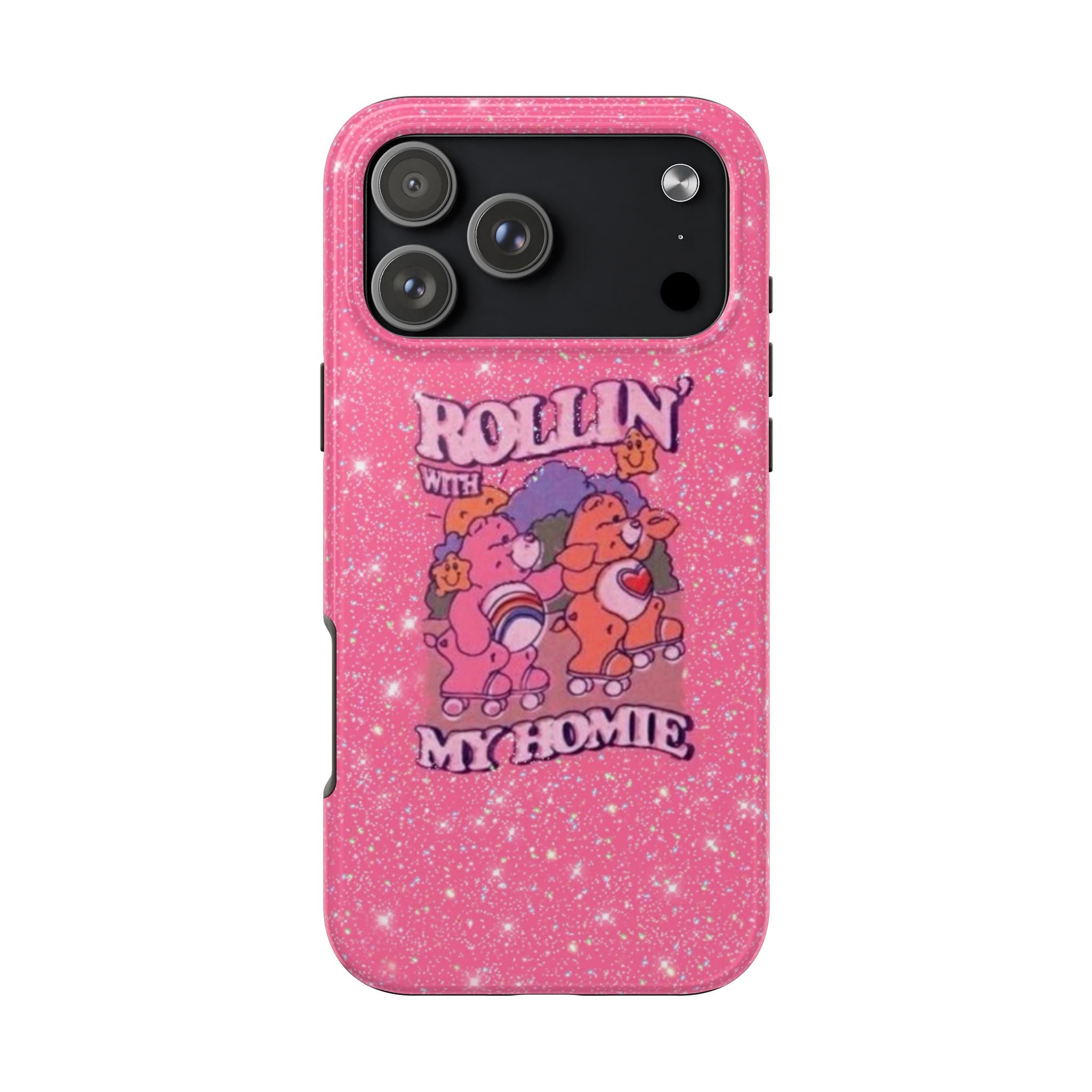 Pink glitter phone case back, skater characters and camera cutout