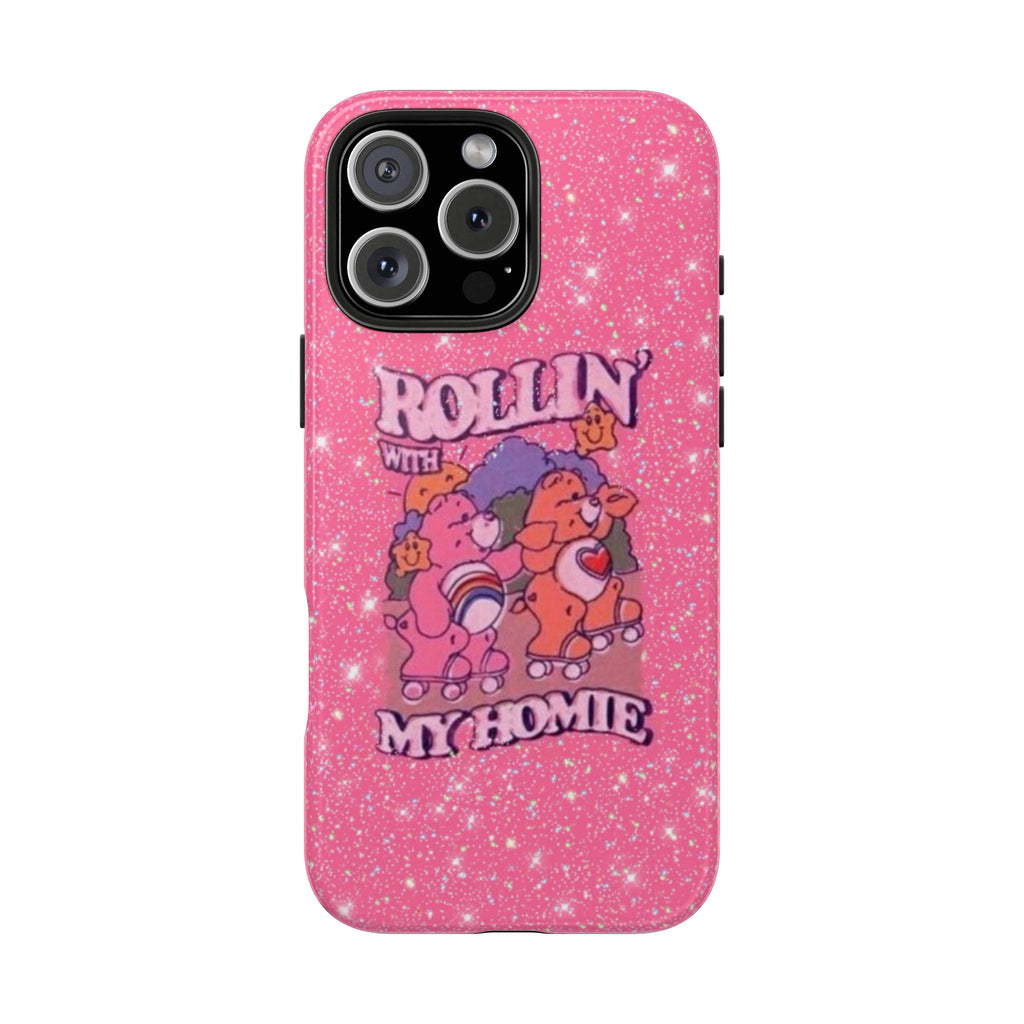 Pink glitter phone case with skater graphic and “My homie” text