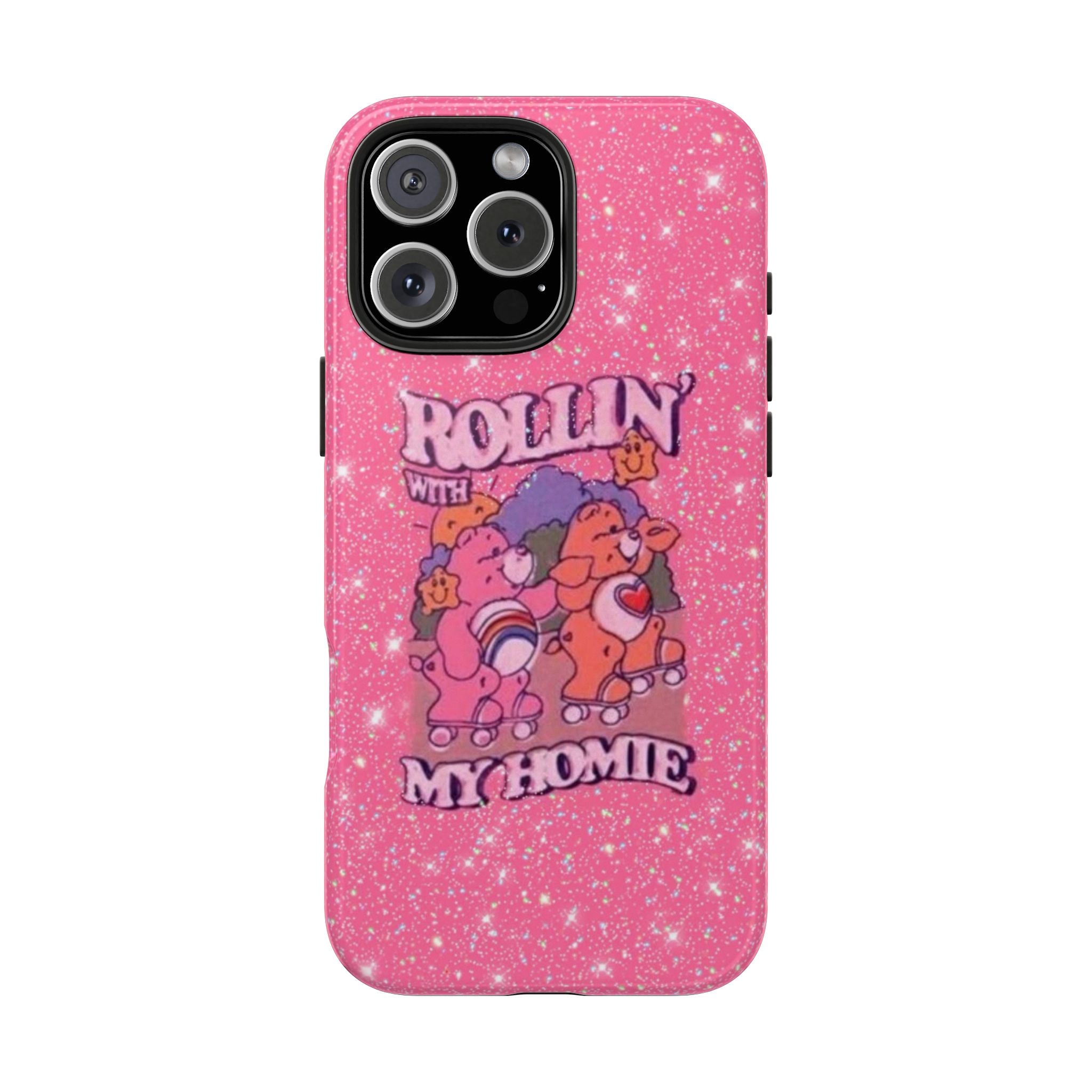 Pink glitter phone case with skater graphic and “My homie” text