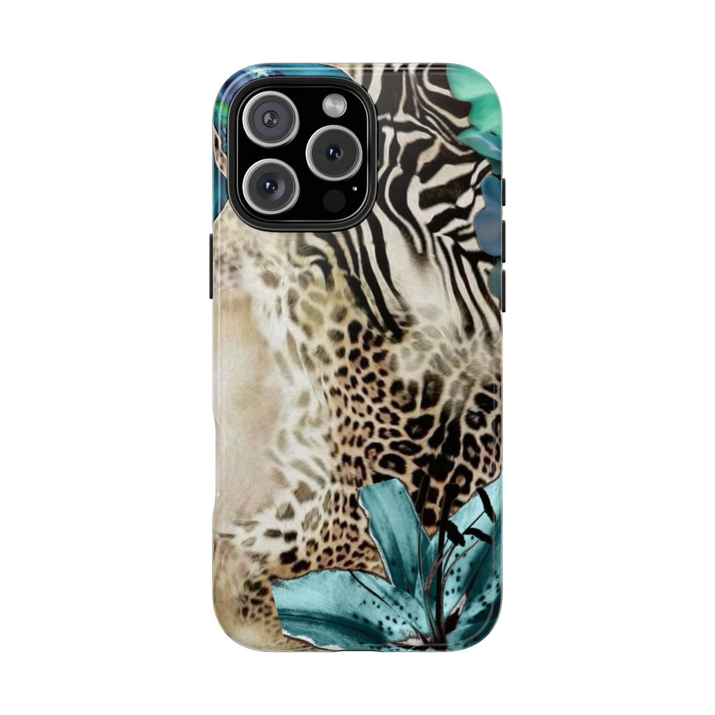 Front view phone case: leopard and zebra animal print with teal bloom accent