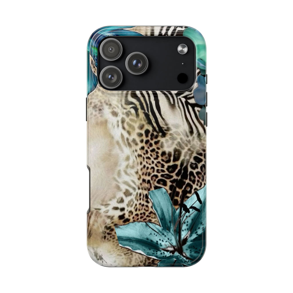 Jungle print phone case with leopard spots, zebra stripes, and teal flower