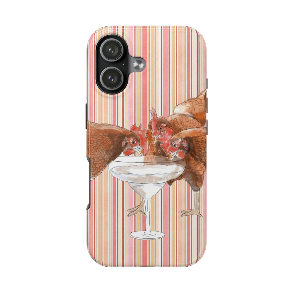 Phone case with pink-orange vertical stripes and rooster/margarita design