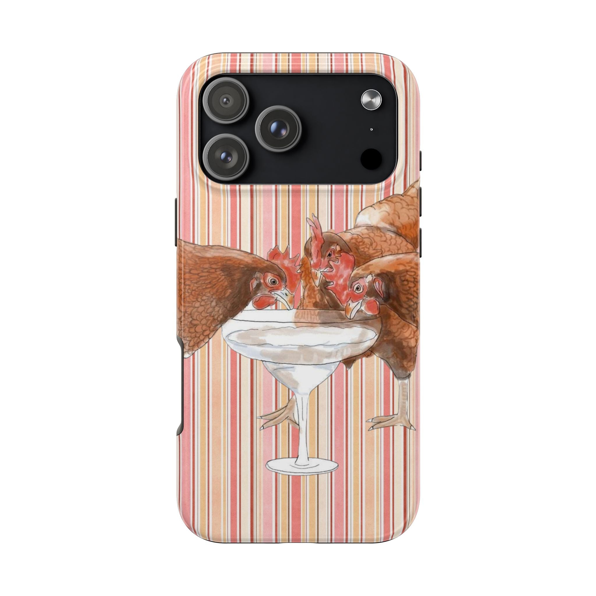 Phone case back with rooster and margarita glass illustration over striped background