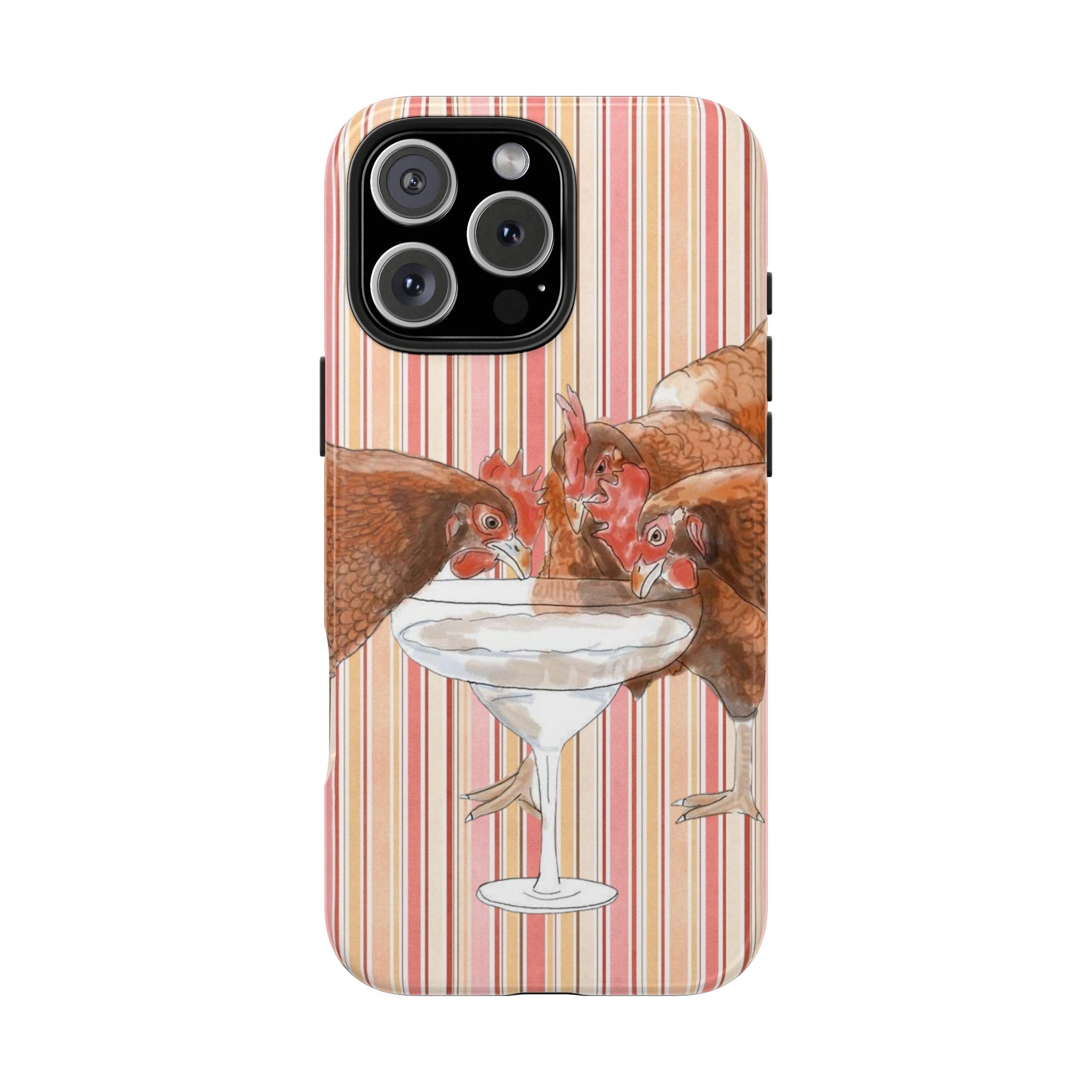Phone case back with roosters around a margarita glass, pink and orange stripes