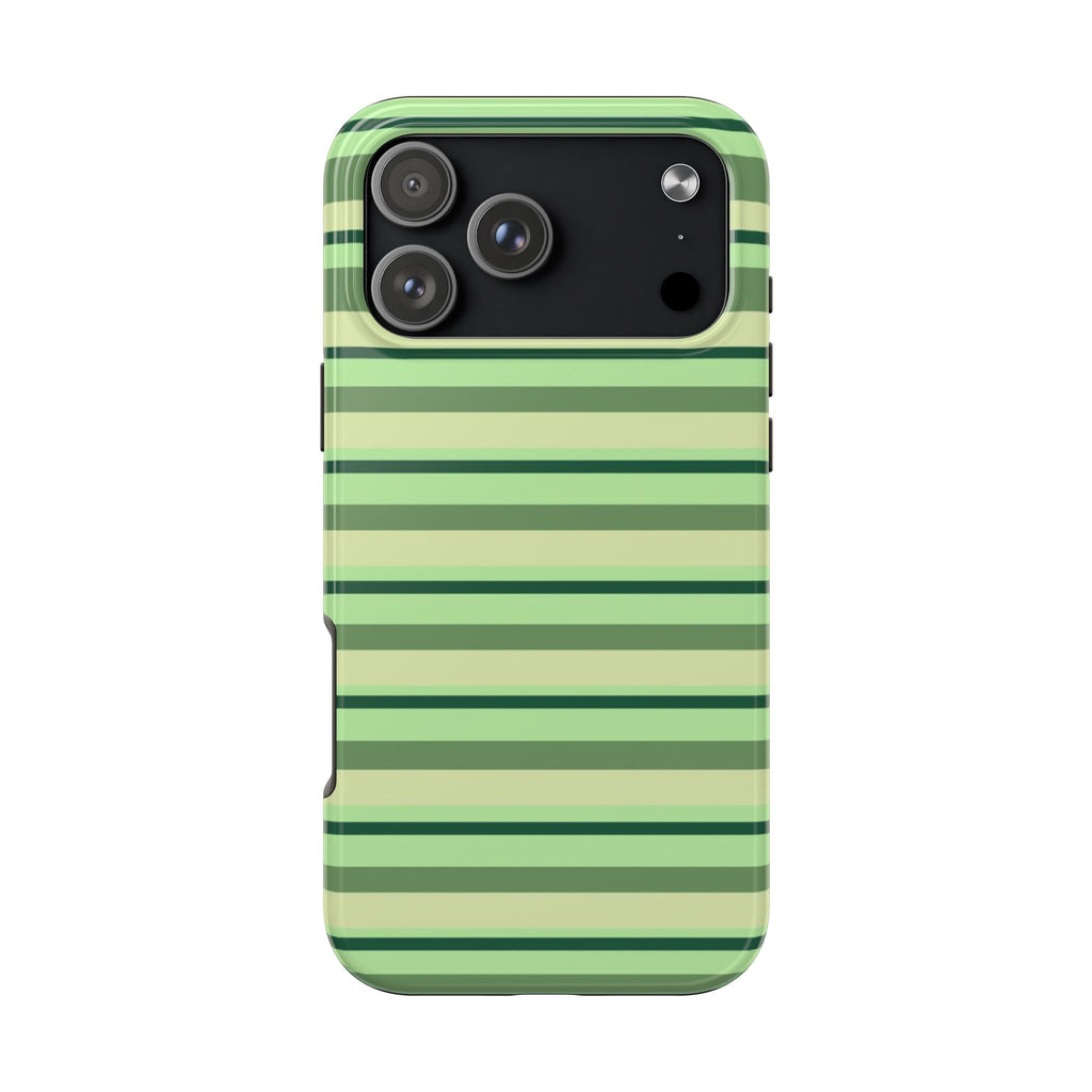 Avocado green striped phone case front view with camera lenses and flash