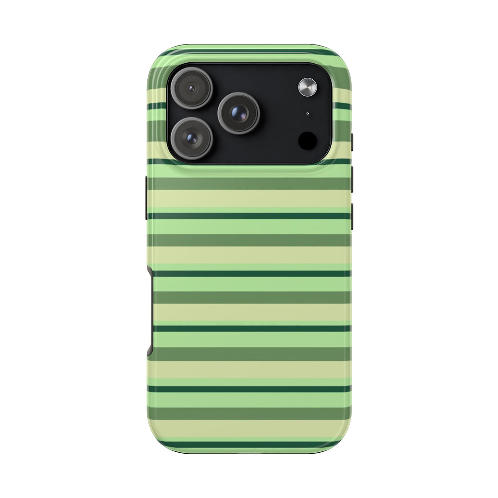 Avocado green striped phone case with camera cutouts and side buttons