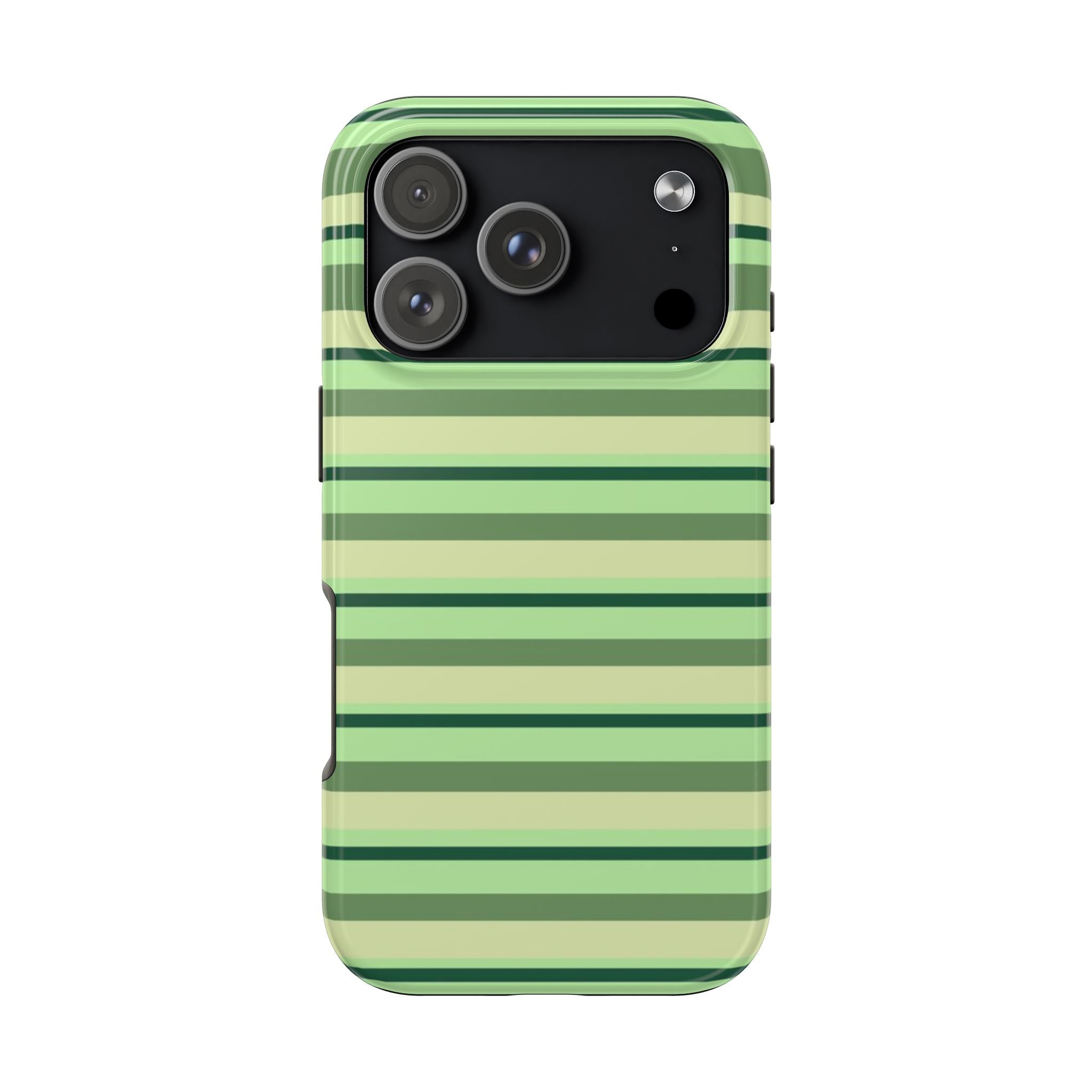 Avocado green striped phone case with camera cutouts and side buttons