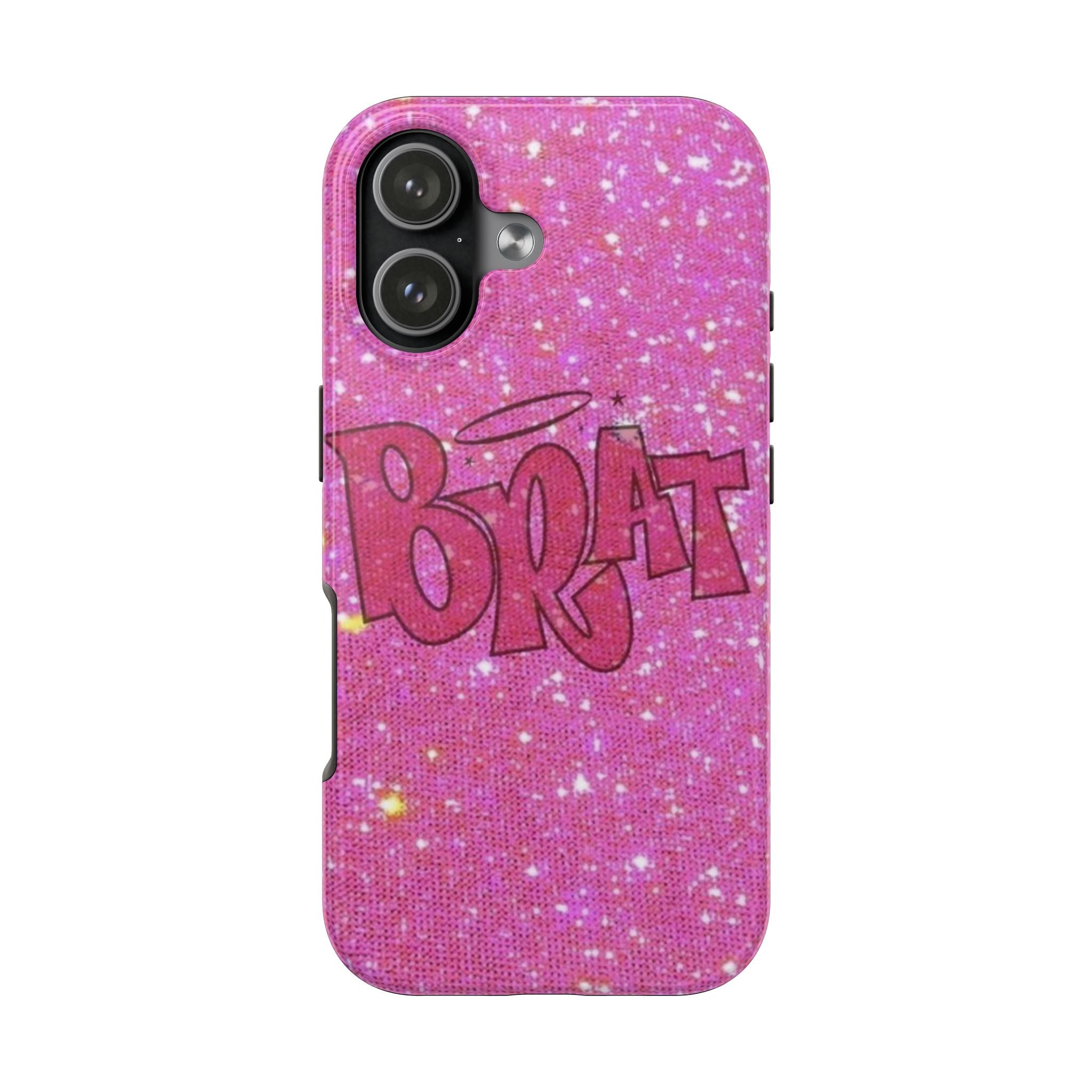 Pink glitter phone case with BRAT graffiti and raised camera cutouts