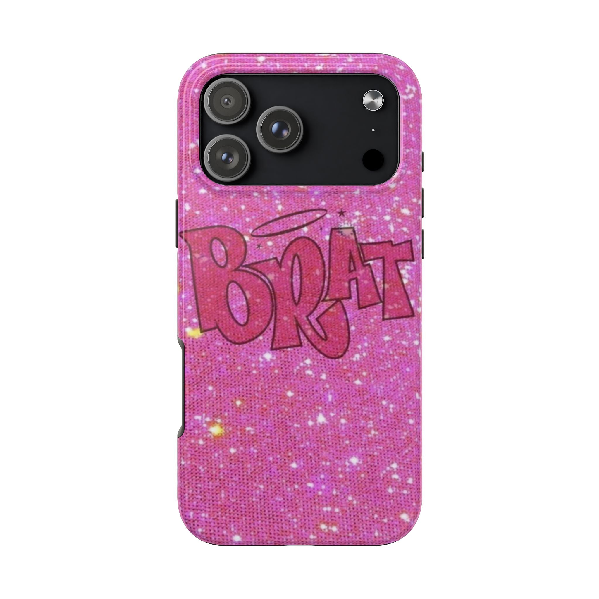 Pink glitter BRAT phone case with wide camera cutout window