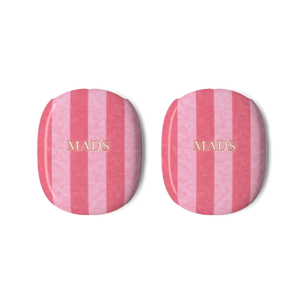 Pair of AirPods Max case covers with pink velvet stripes and “MADS” text.