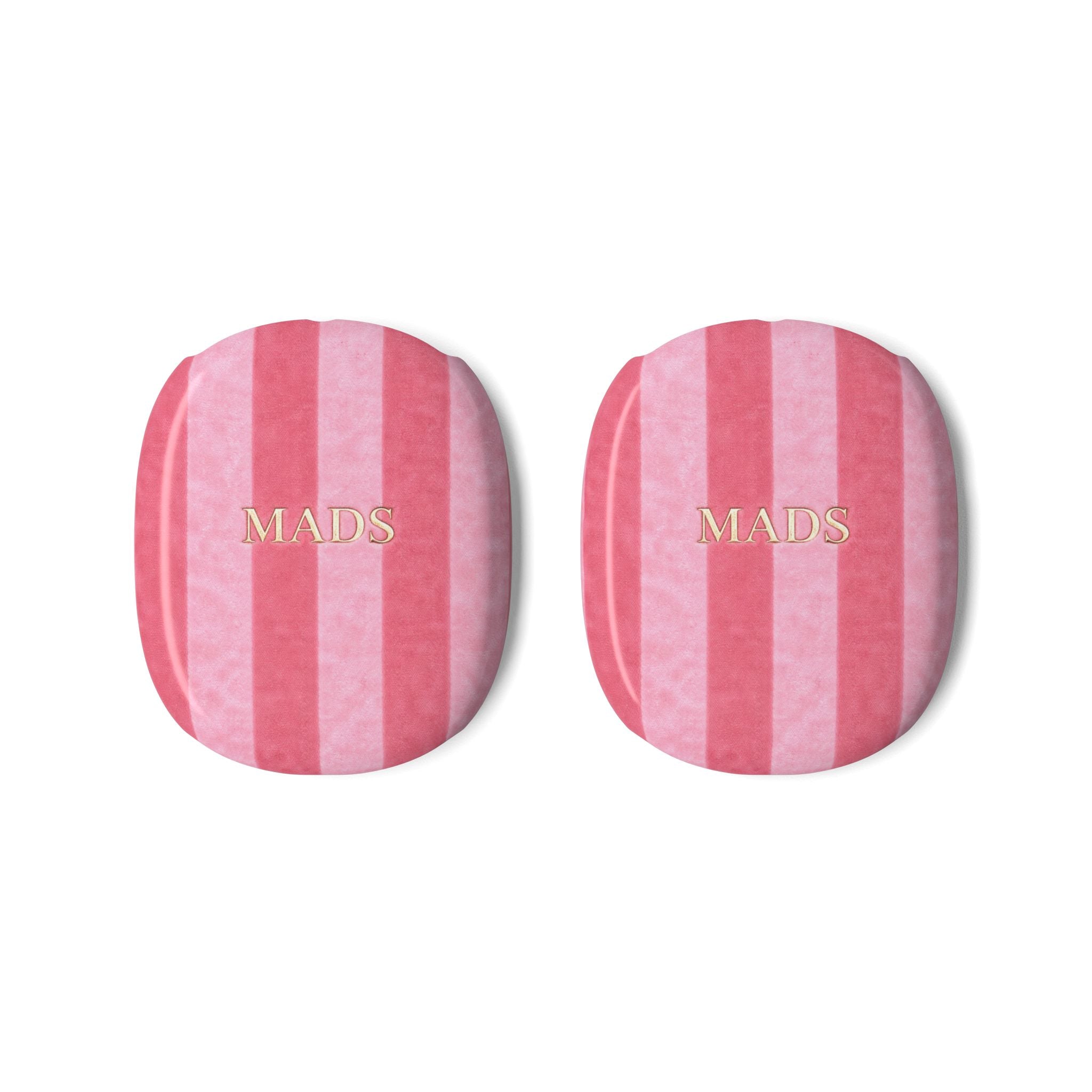Pair of AirPods Max case covers with pink velvet stripes and “MADS” text.