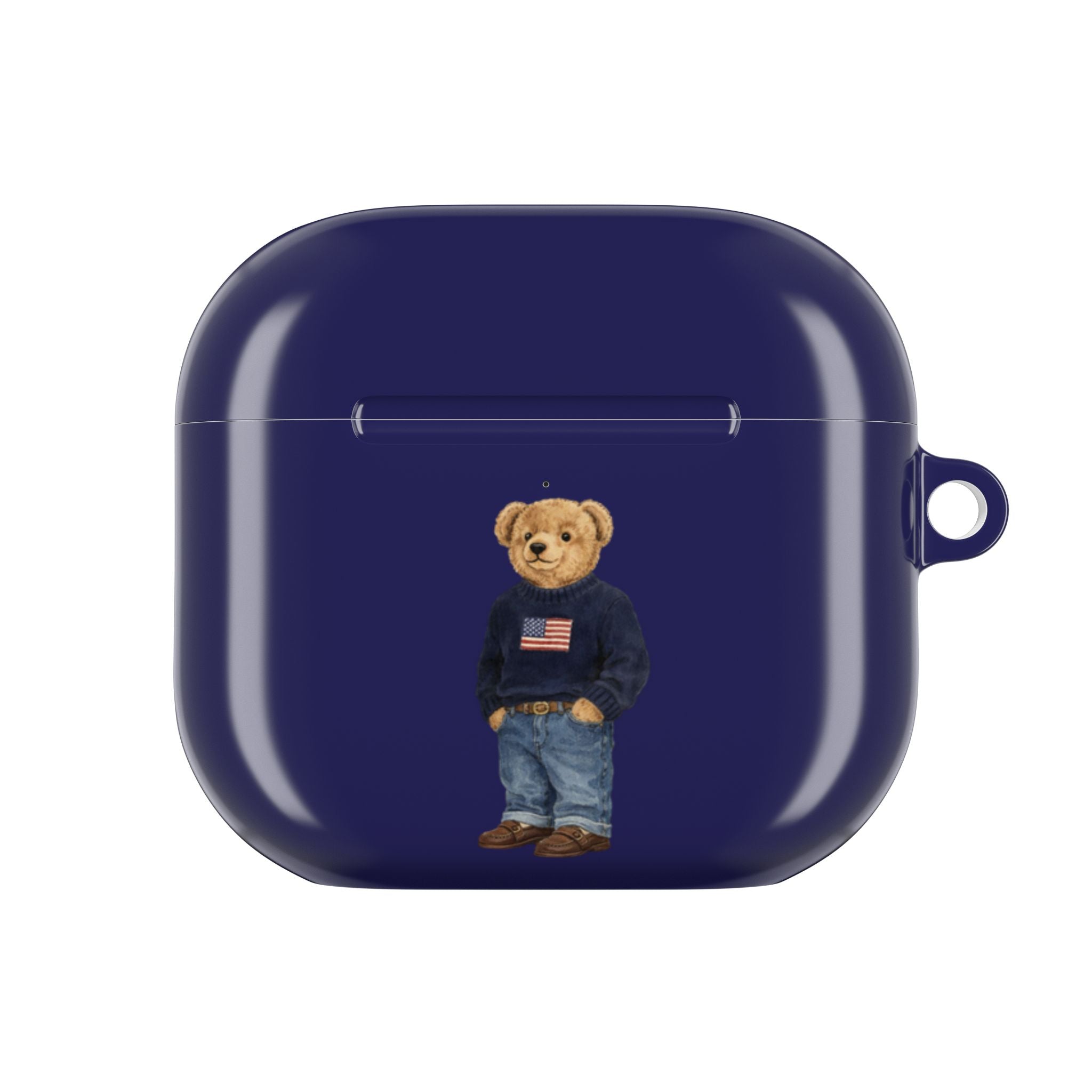 Navy blue AirPods case with centered teddy bear American flag graphic