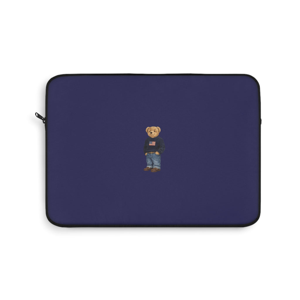 Navy neoprene device sleeve with centered teddy bear applique and side zipper