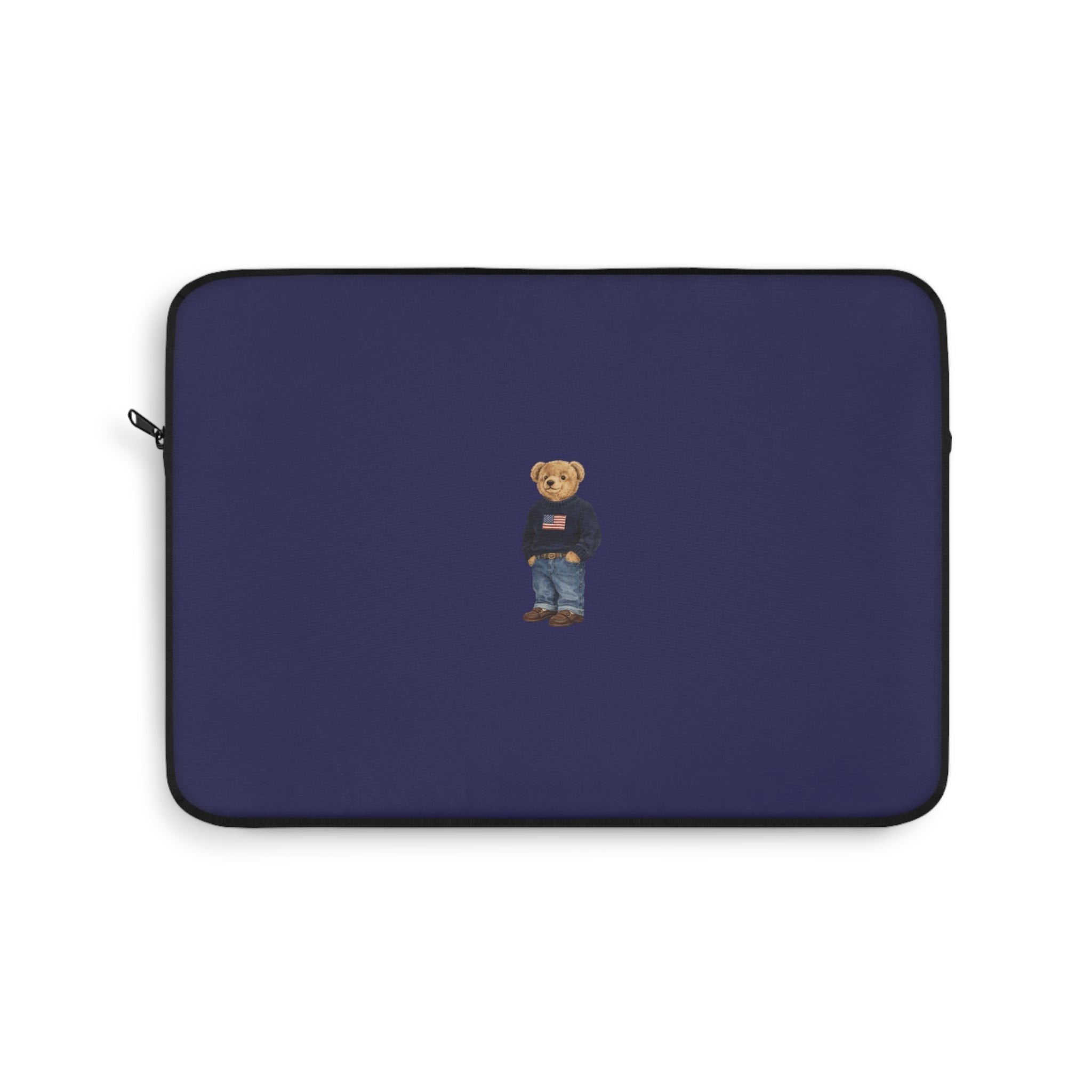 Navy neoprene device sleeve with centered teddy bear applique and side zipper
