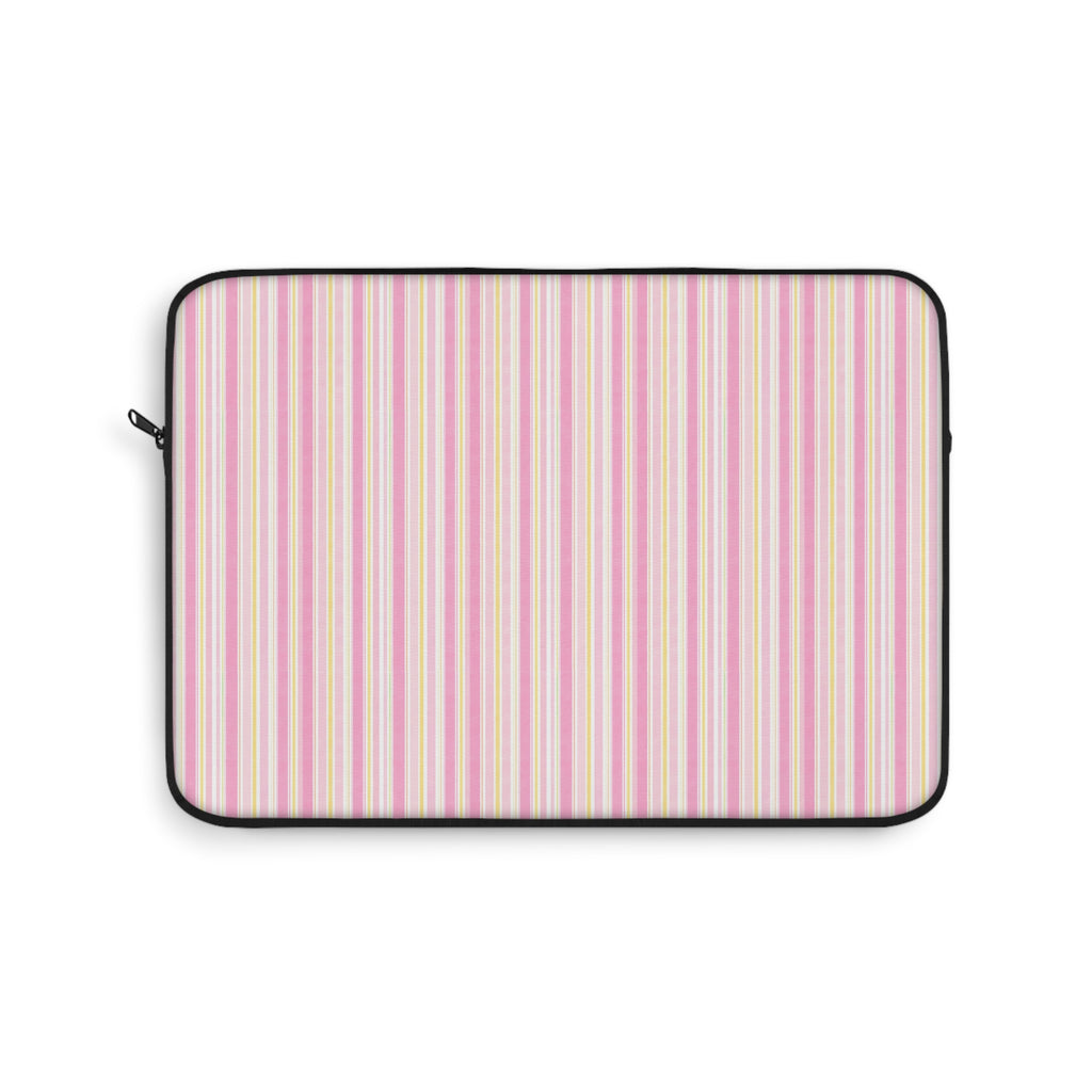Neoprene device sleeve with pastel vertical stripe fabric and rounded black zipper trim