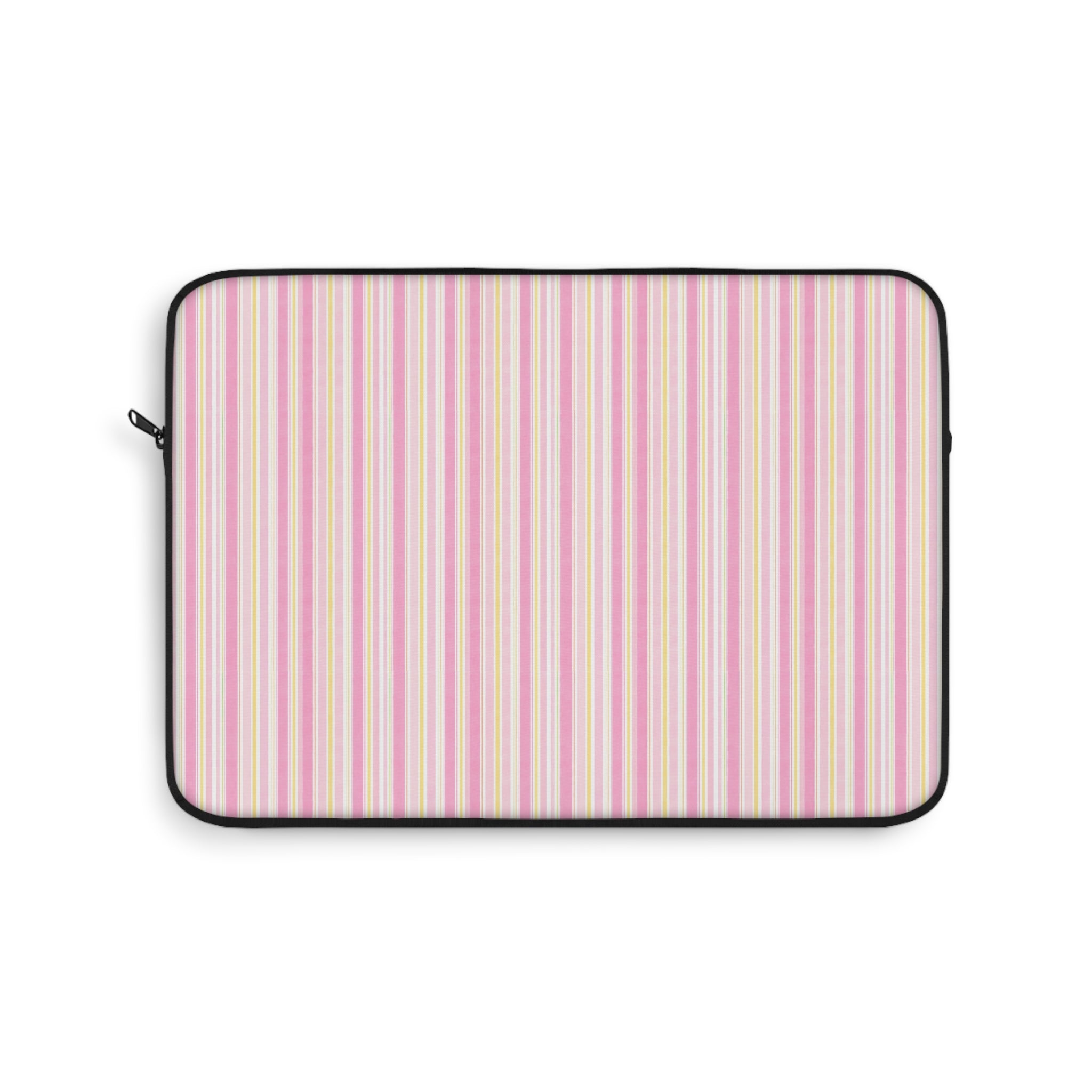 Neoprene device sleeve with pastel vertical stripe fabric and rounded black zipper trim