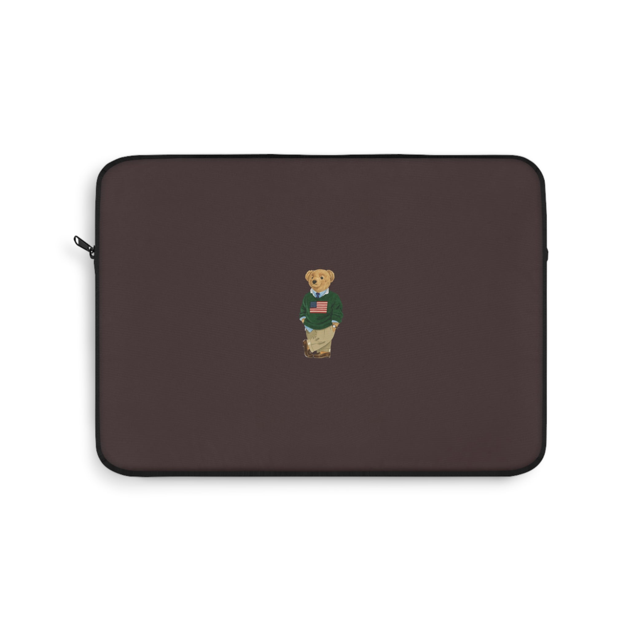 Brown neoprene electronic sleeve with teddy bear emblem and zippered edge.