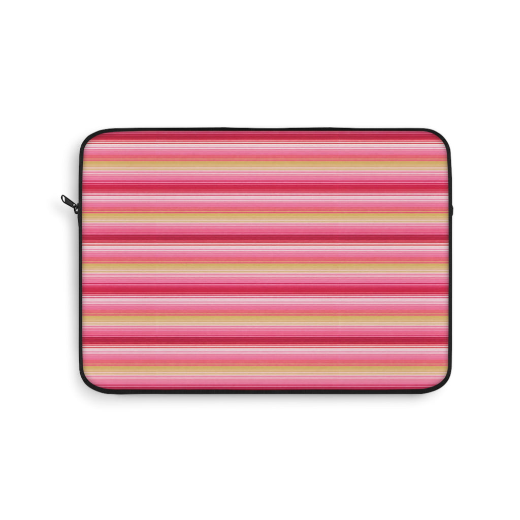 Neoprene device sleeve with pink, orange, and yellow horizontal stripes and zipper edge