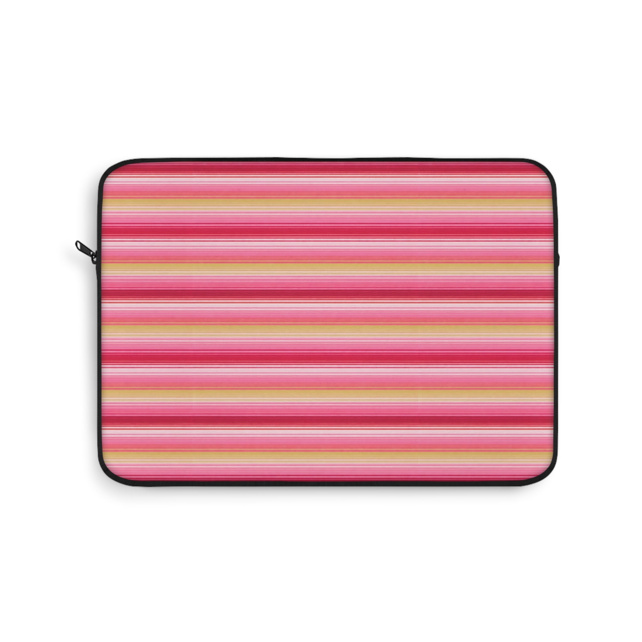 Neoprene device sleeve with pink, orange, and yellow horizontal stripes and zipper edge