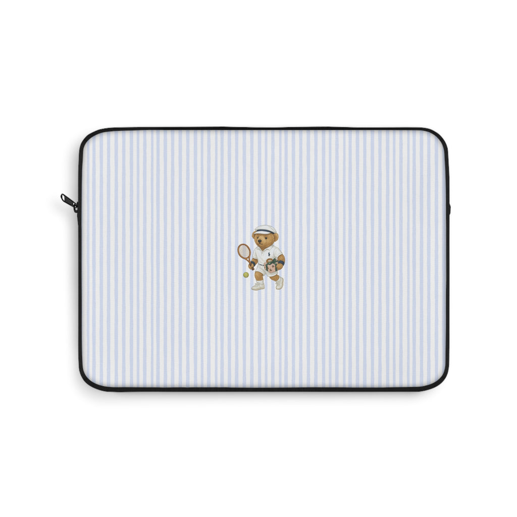 Neoprene sleeve with light blue and white pinstripe lining and teddy bear front patch