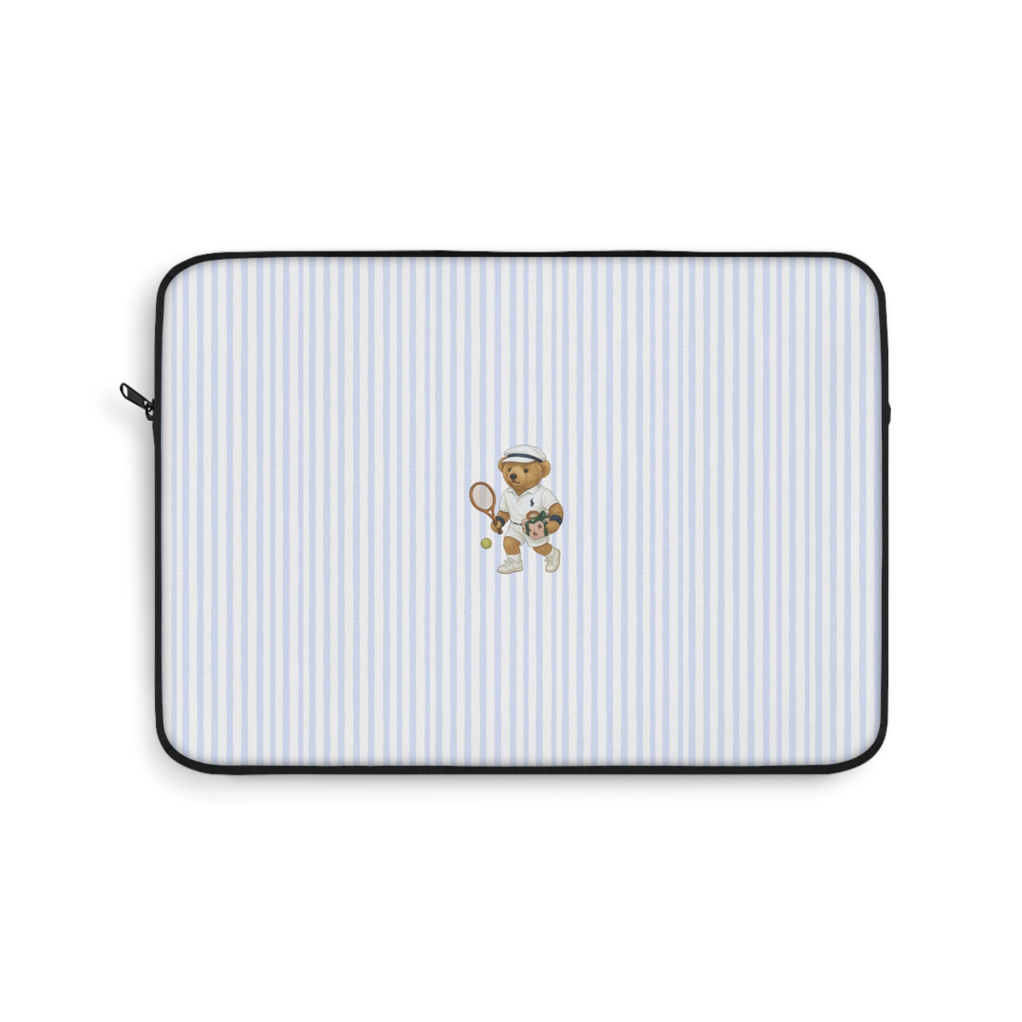 Neoprene sleeve with light blue and white pinstripe lining and teddy bear front patch