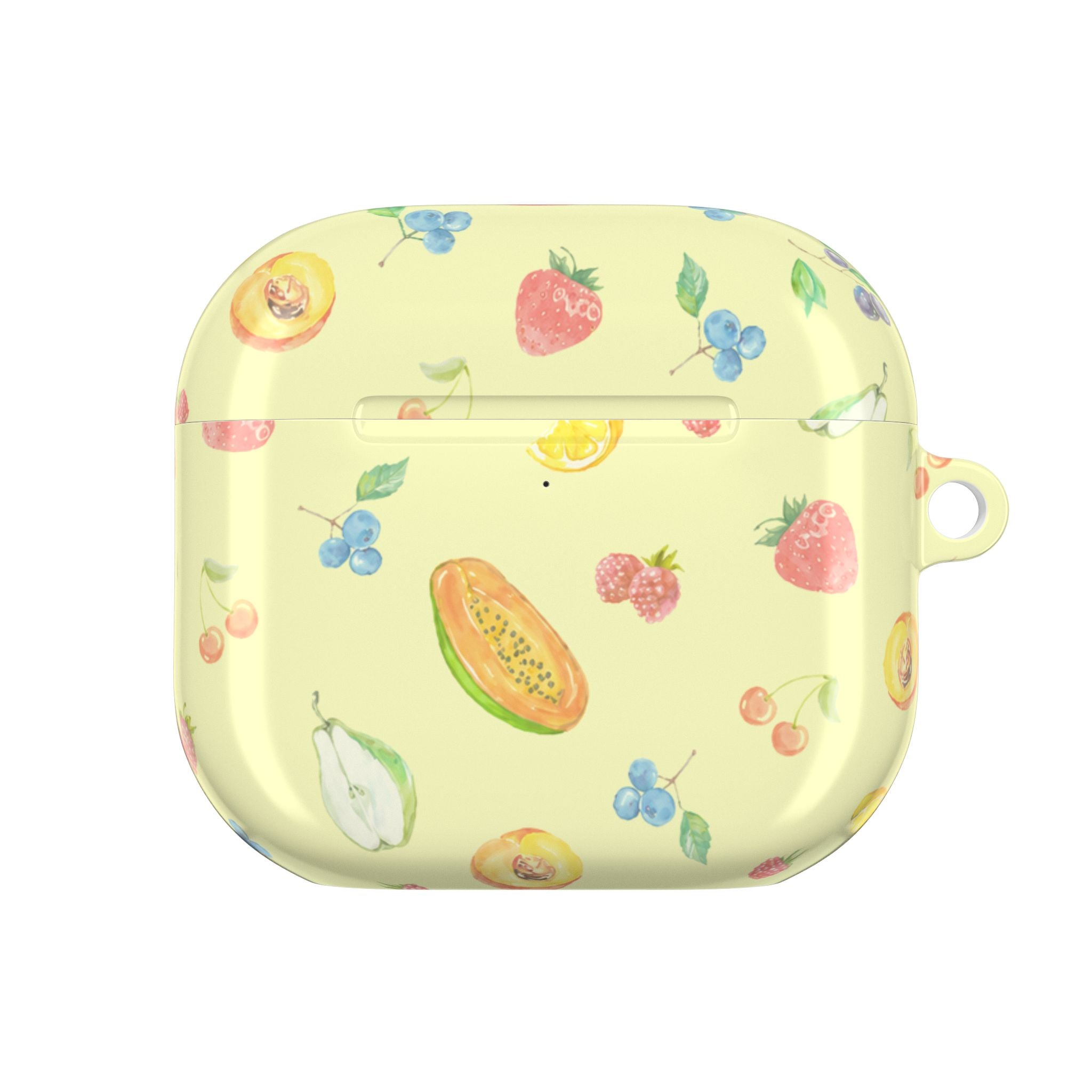 AirPods case with yellow fruit pattern, closed lid, round key ring loop.