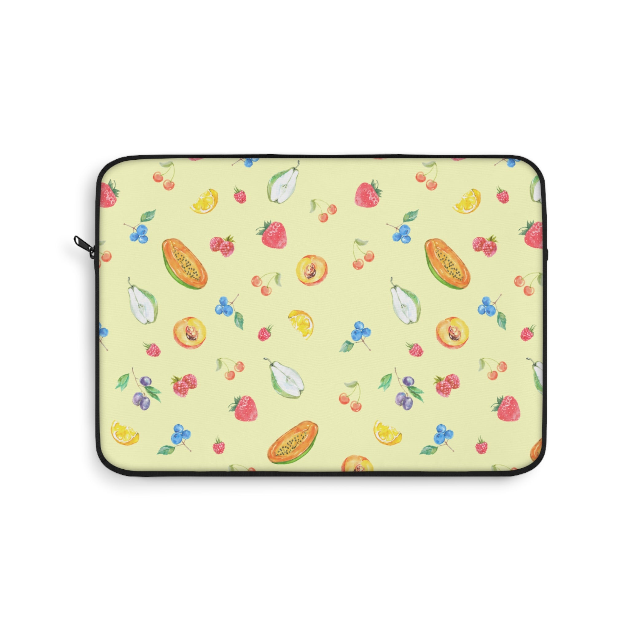 Neoprene laptop sleeve with yellow fruit-sorbet print and black trim zipper