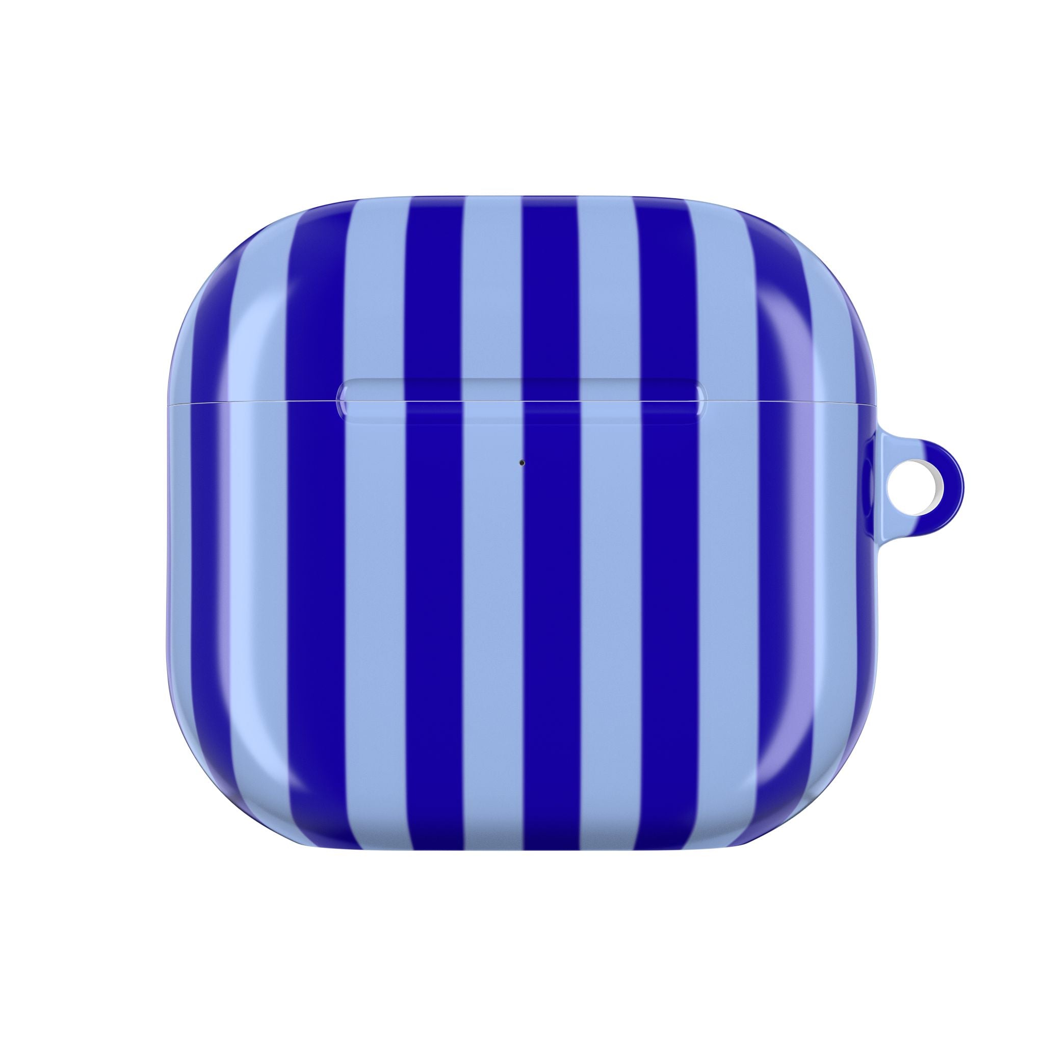 AirPods case with royal blue and light blue vertical stripes, closed hard shell
