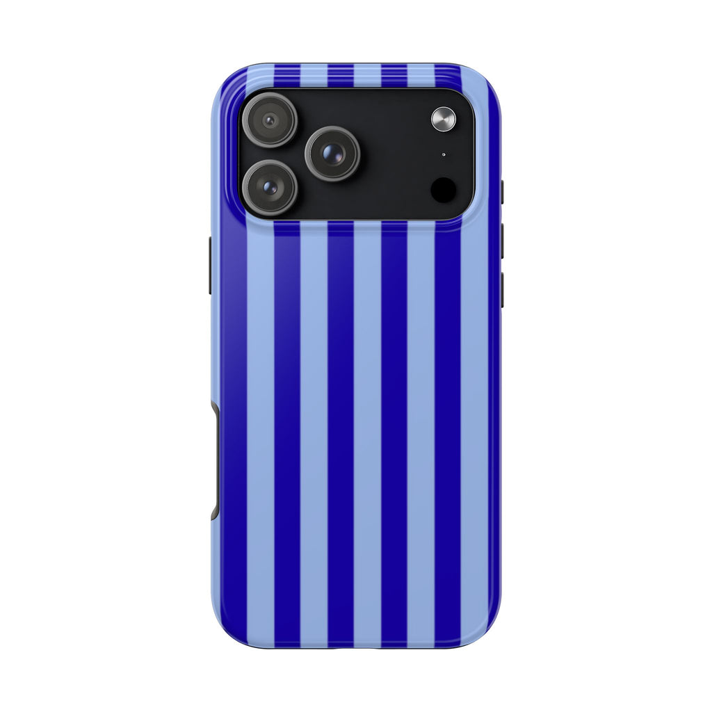 Phone case with vertical royal blue and light blue stripes, raised camera cutout