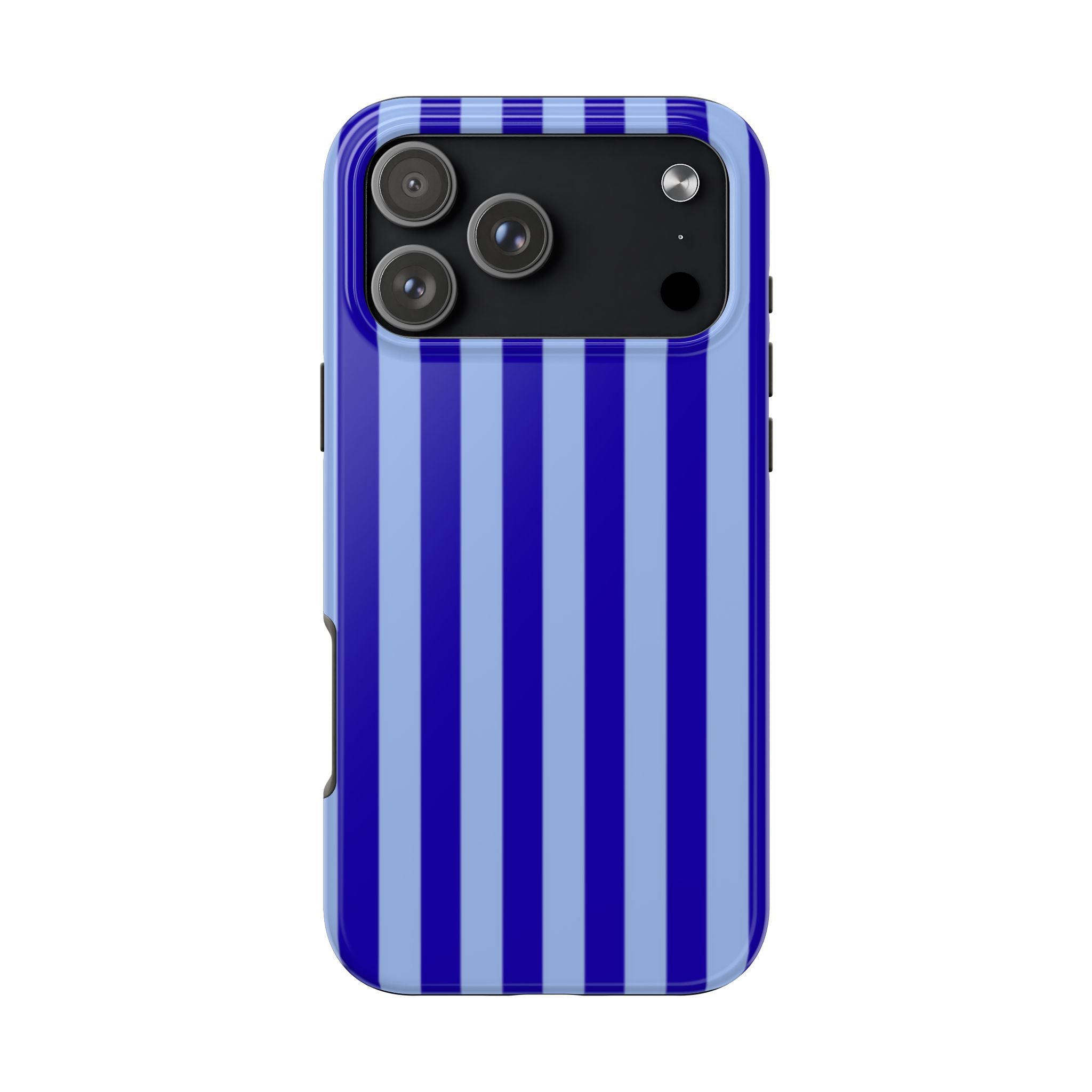 Phone case with vertical royal blue and light blue stripes, raised camera cutout