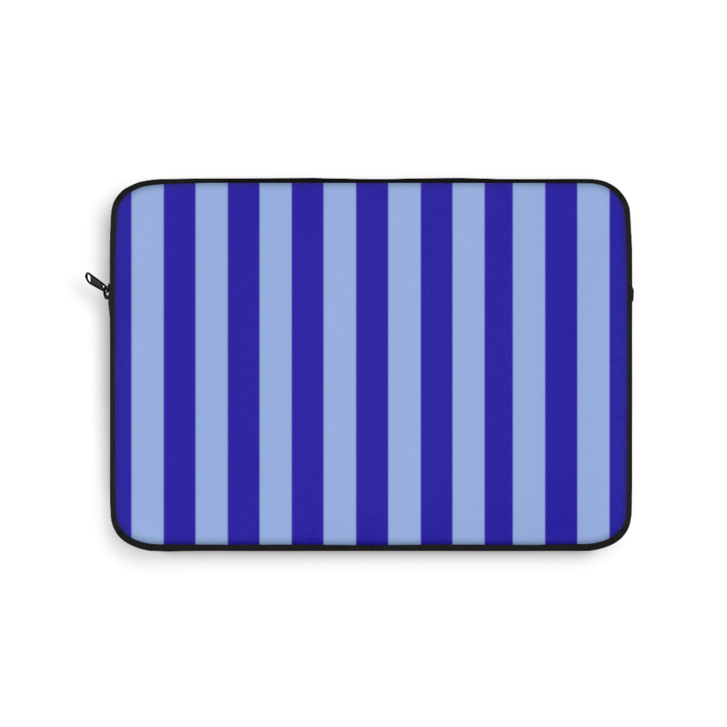 Blue-and-white striped neoprene sleeve with zip closure and black edging